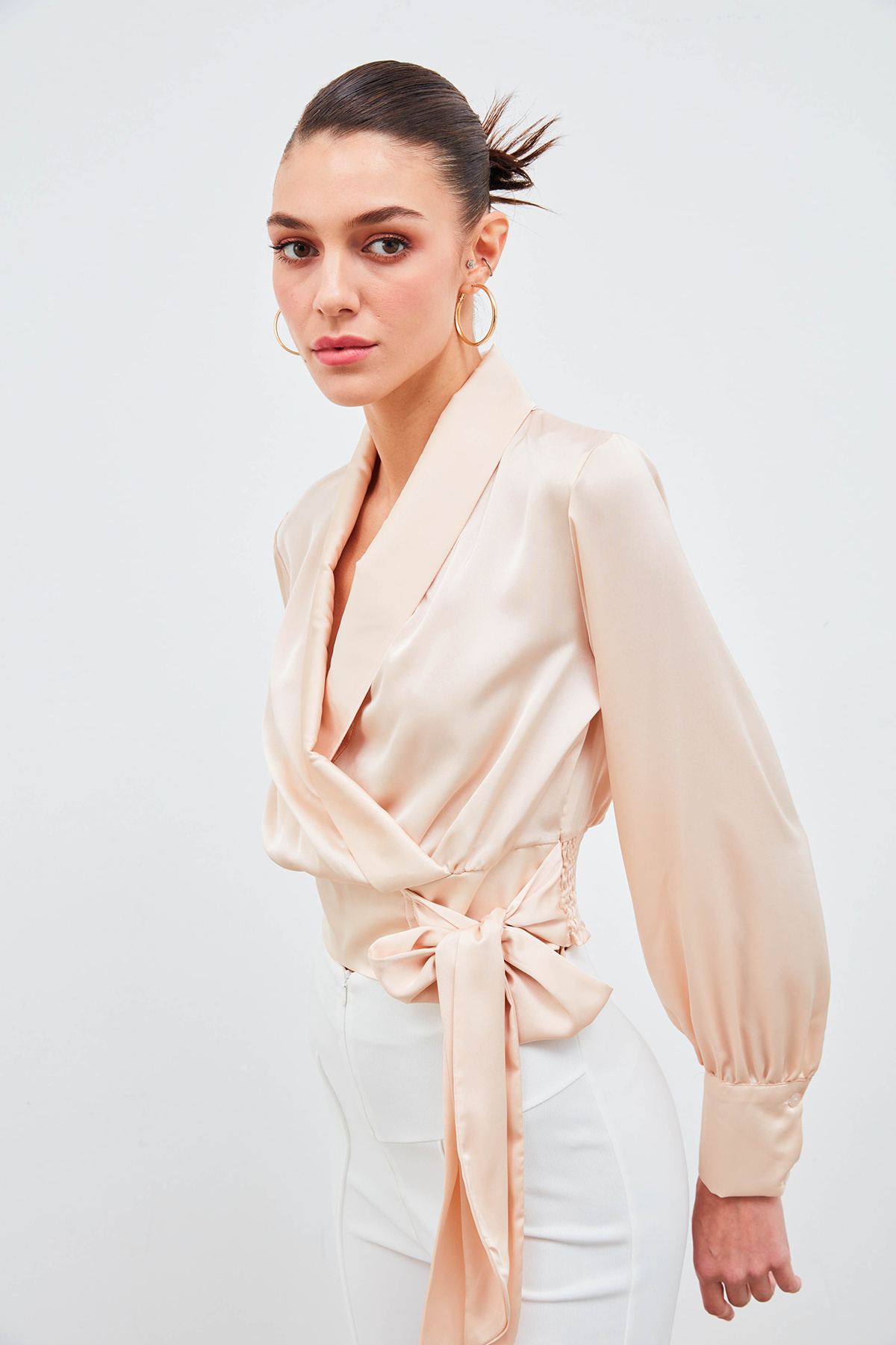 Kruvaze Saten Bluz - BEJ