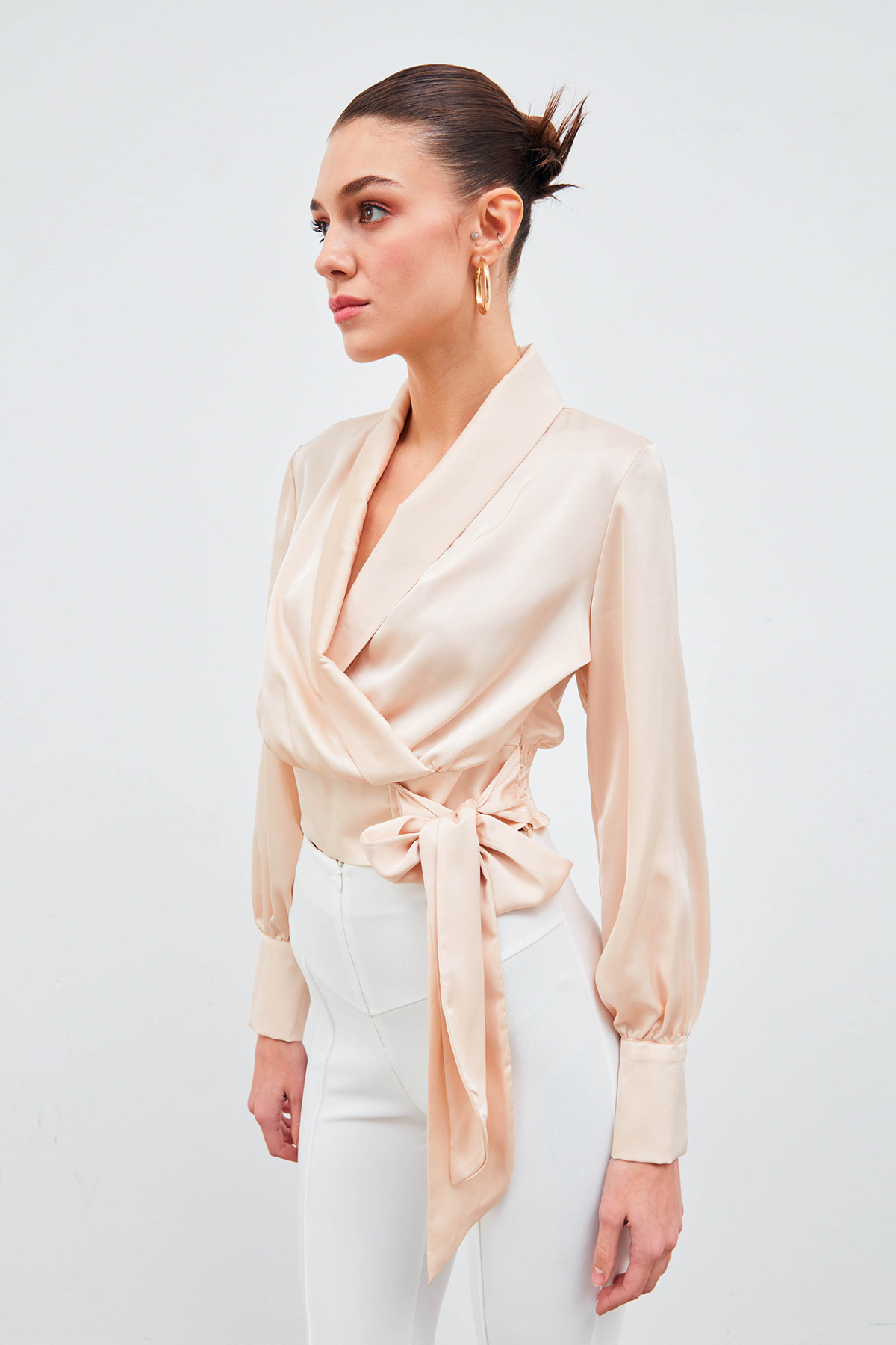 Kruvaze Saten Bluz - BEJ
