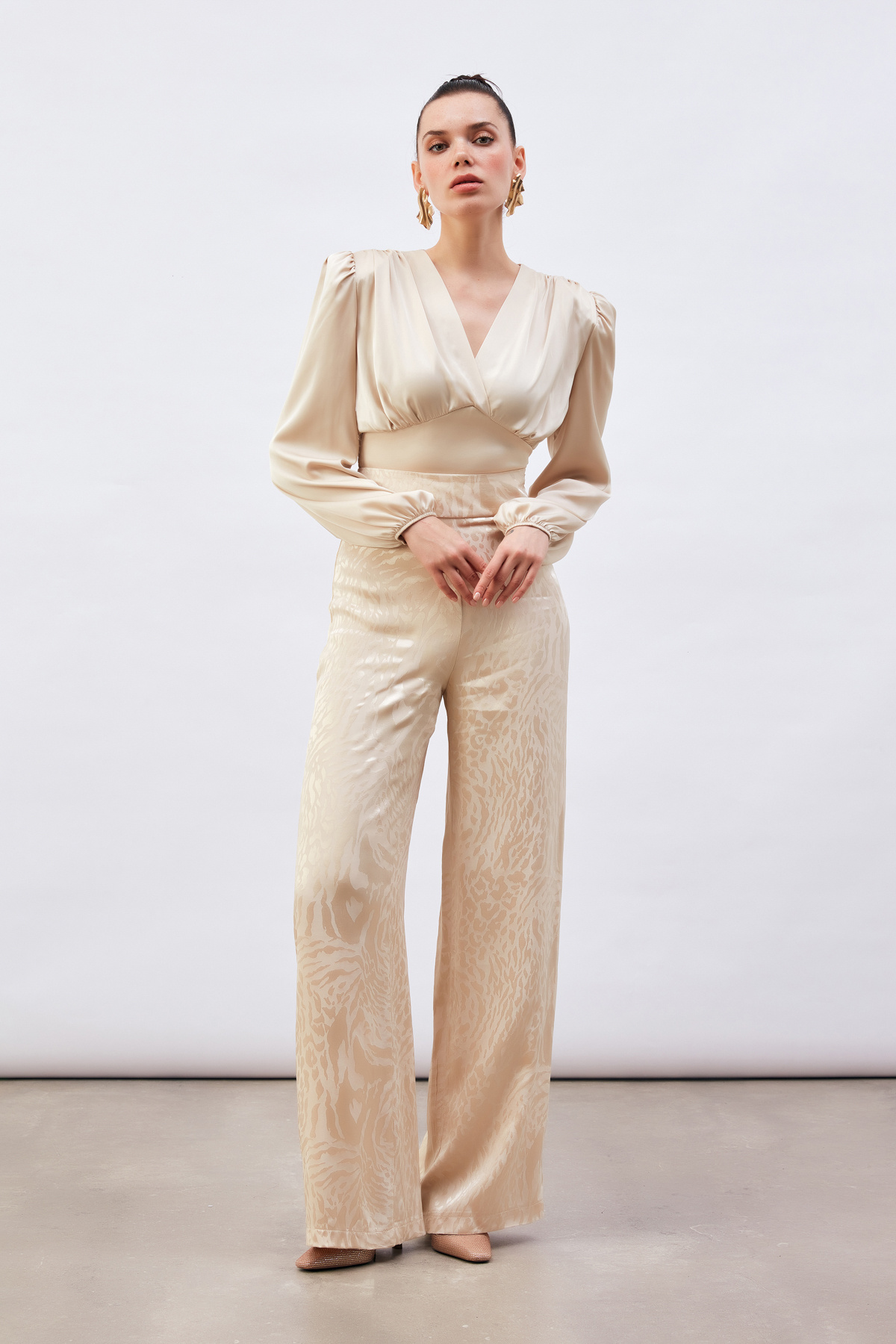 Kruvaze Saten Bluz - BEJ