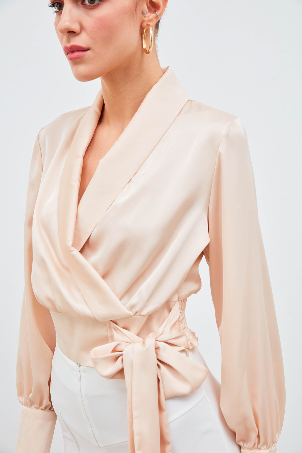 Kruvaze Saten Bluz - BEJ