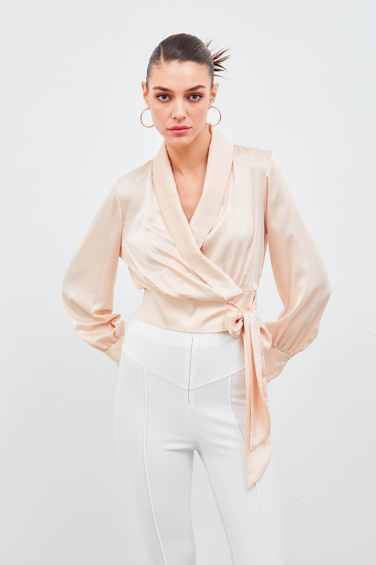 Kruvaze Saten Bluz - BEJ