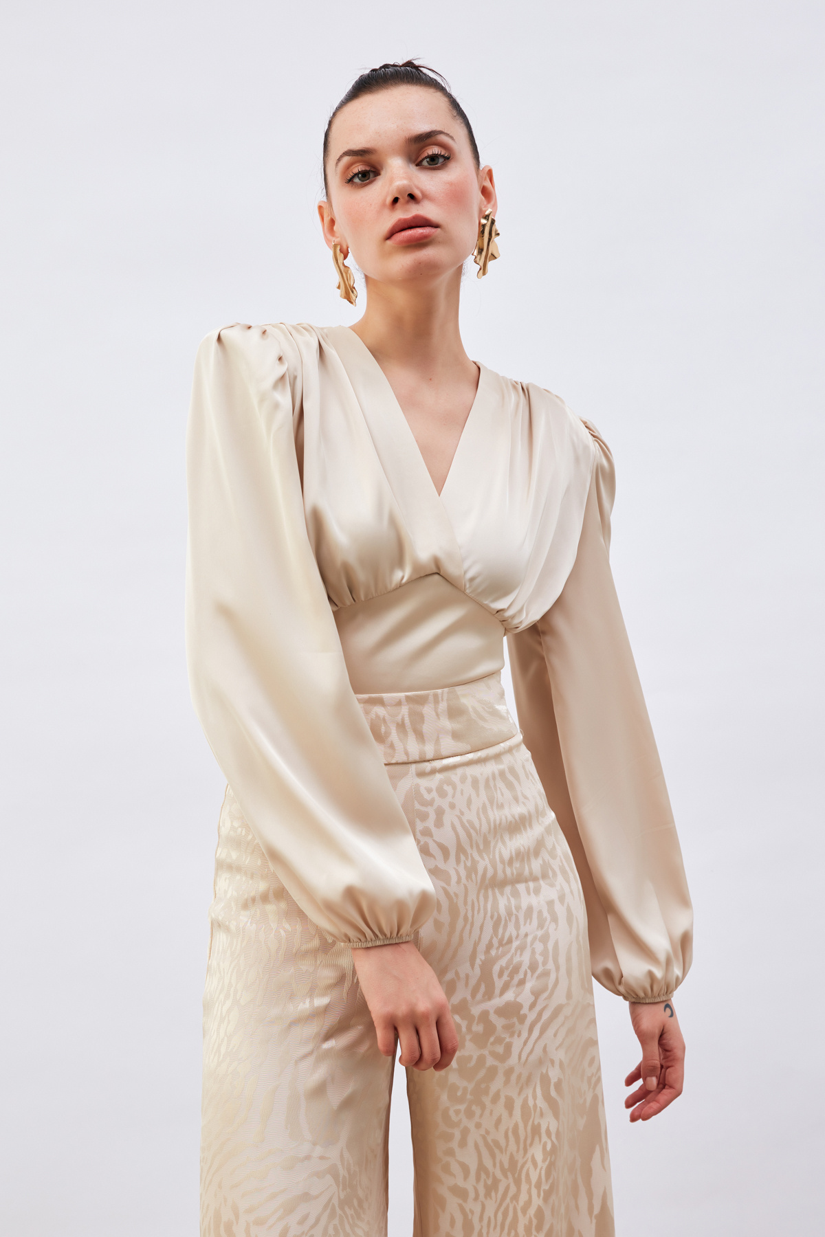 Kruvaze Saten Bluz - BEJ