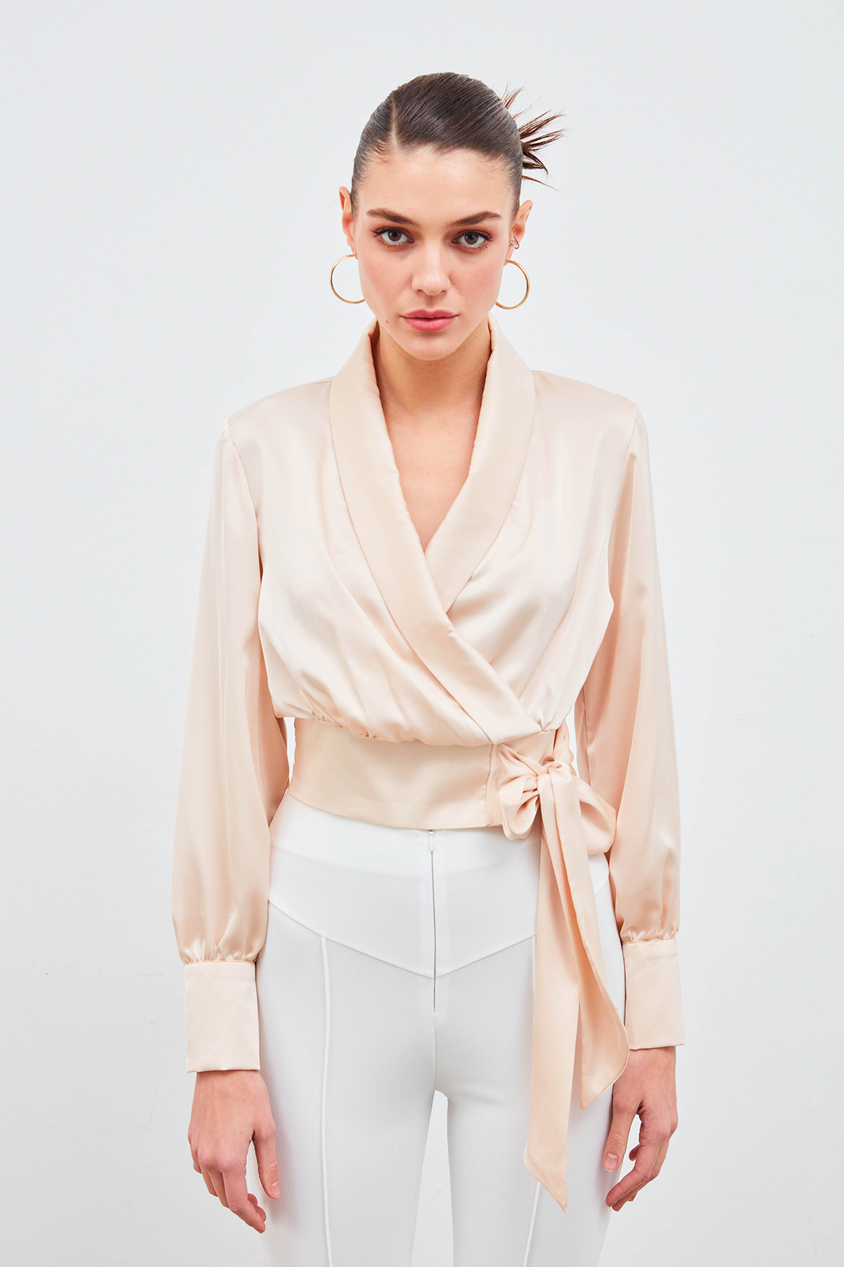 Kruvaze Saten Bluz - BEJ