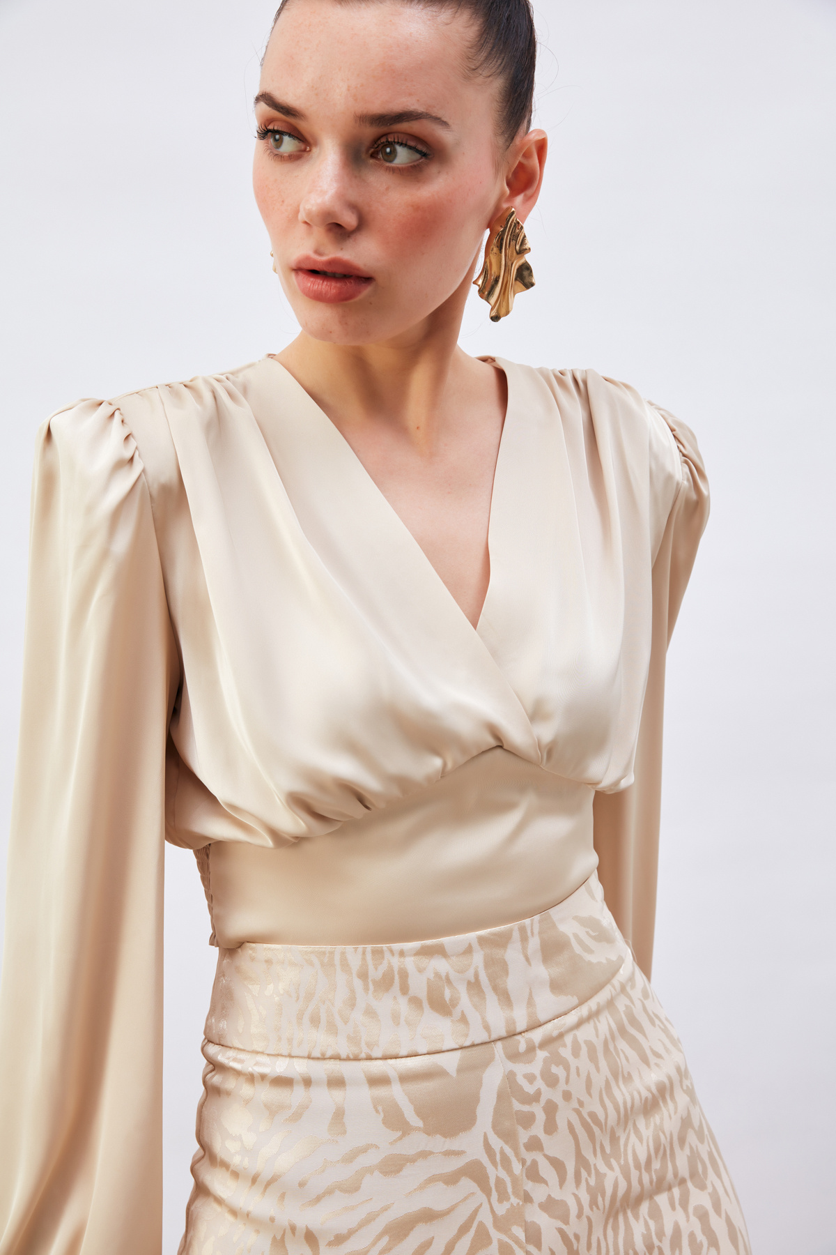 Kruvaze Saten Bluz - BEJ