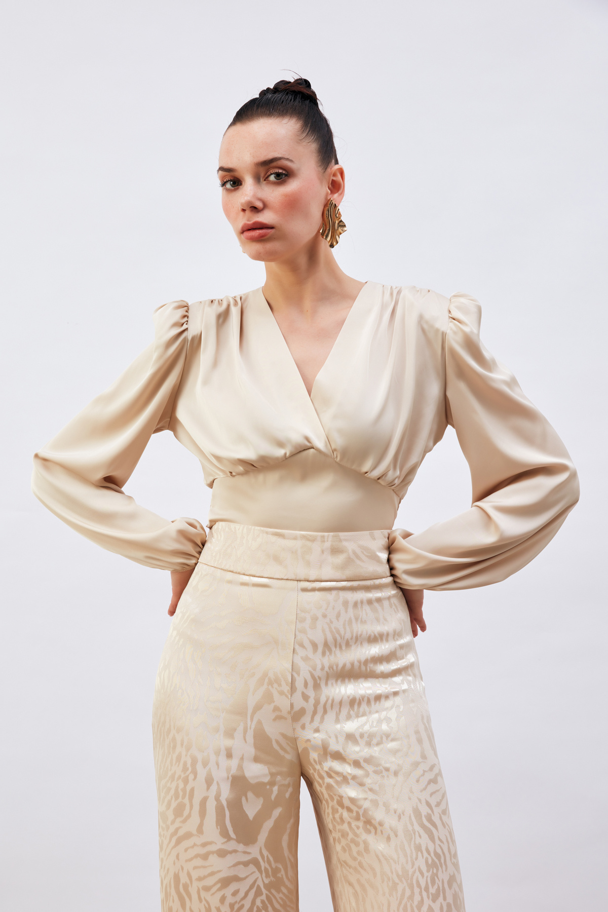 Kruvaze Saten Bluz - BEJ