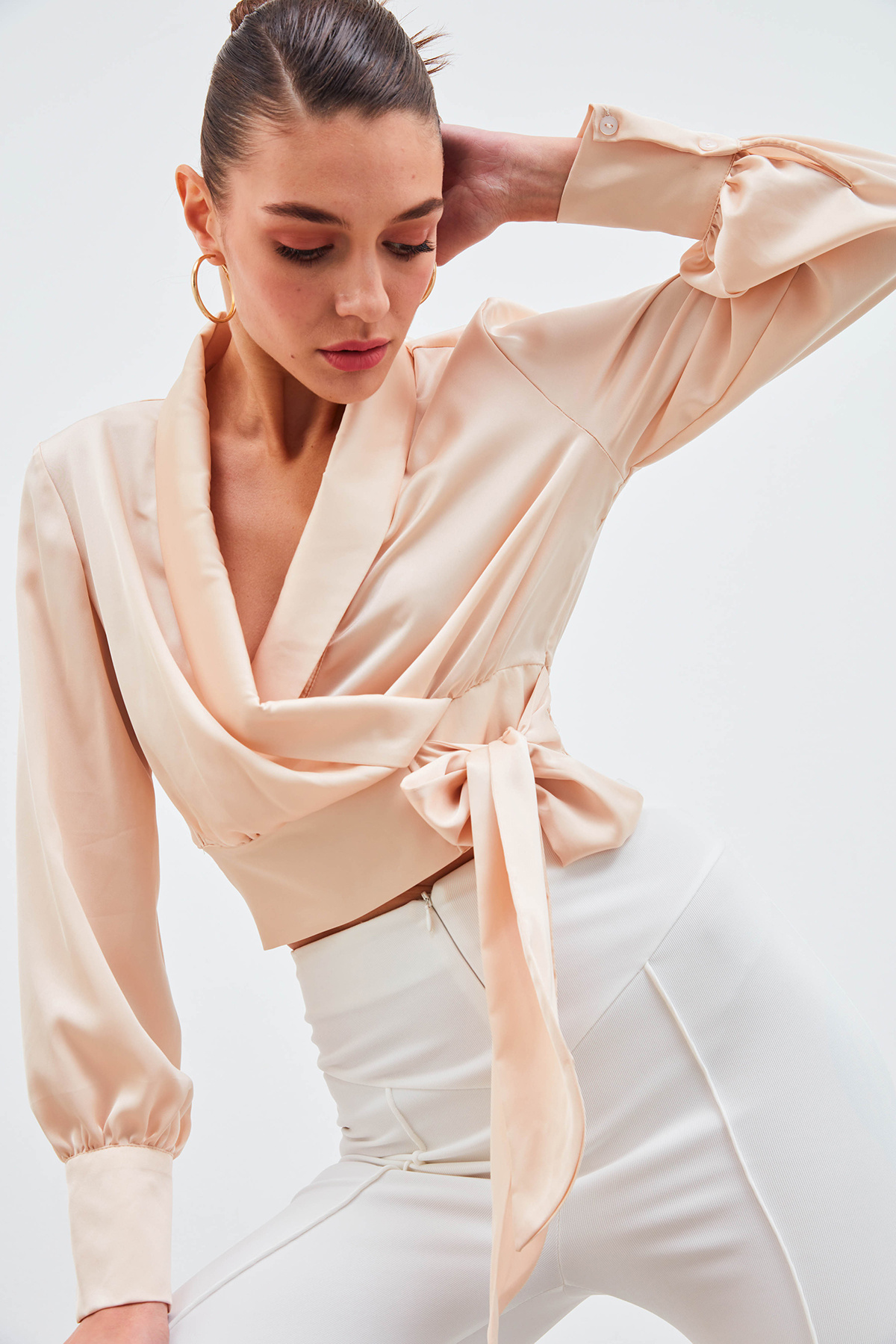 Kruvaze Saten Bluz - BEJ