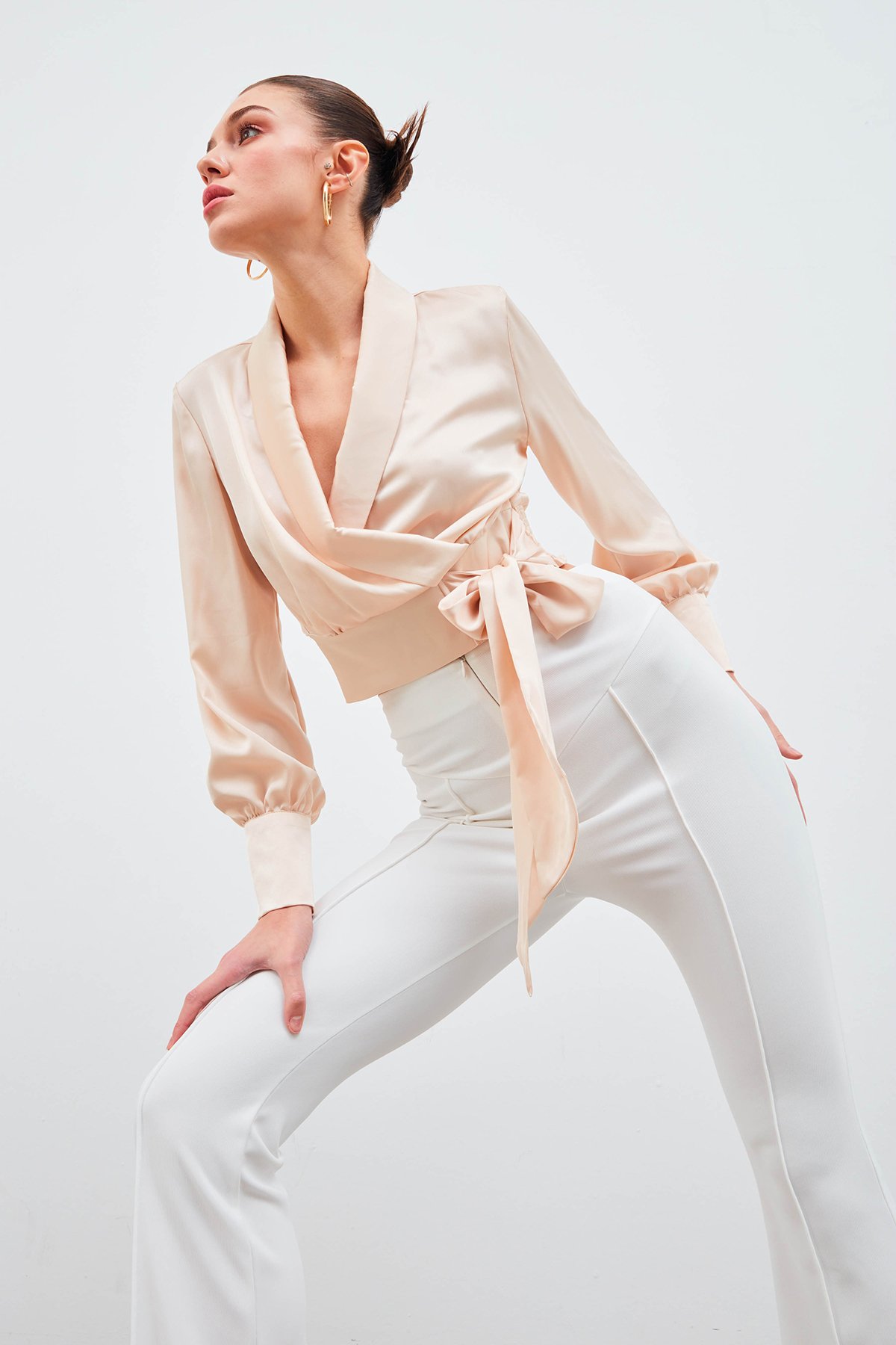 Kruvaze Saten Bluz - BEJ