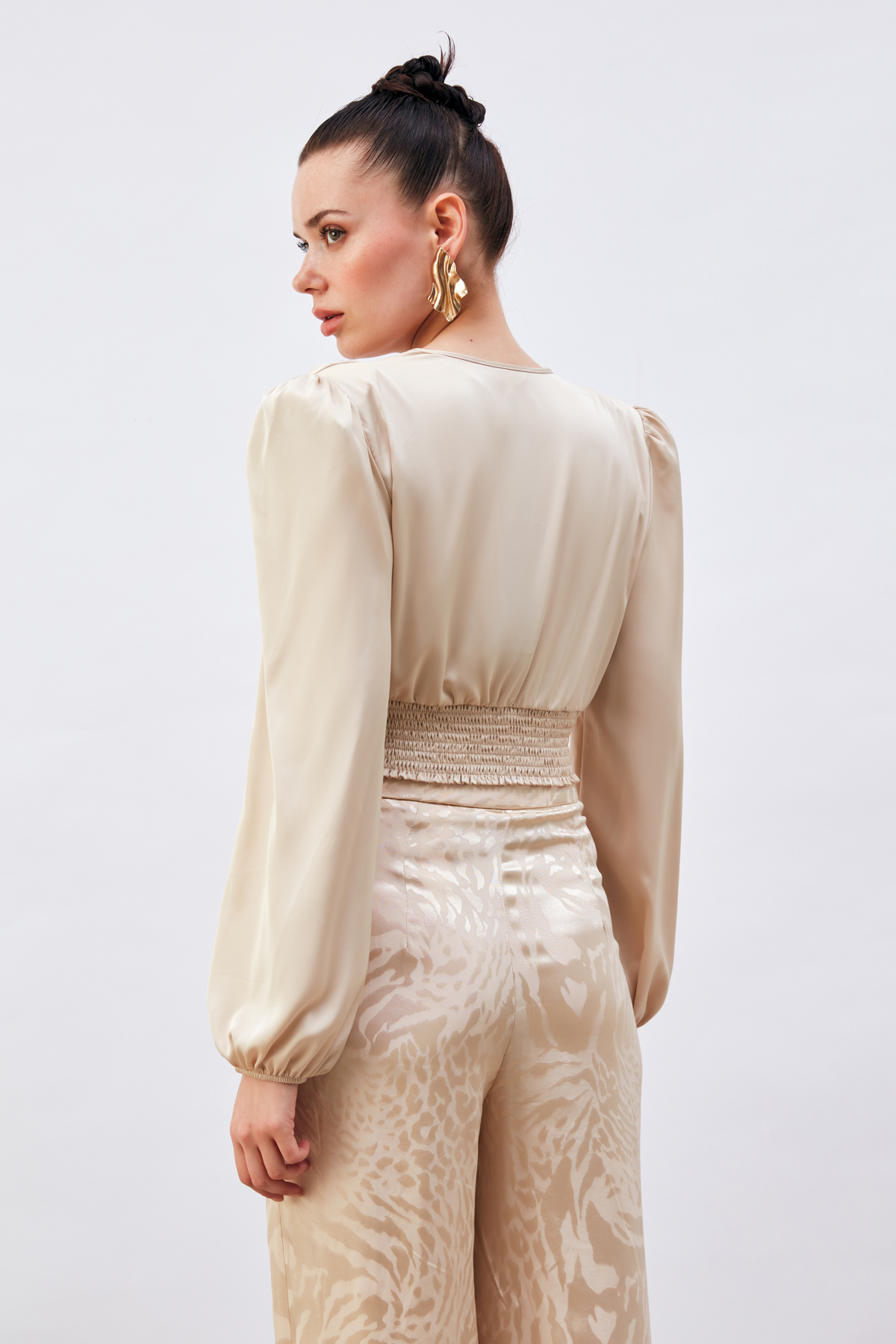 Kruvaze Saten Bluz - BEJ