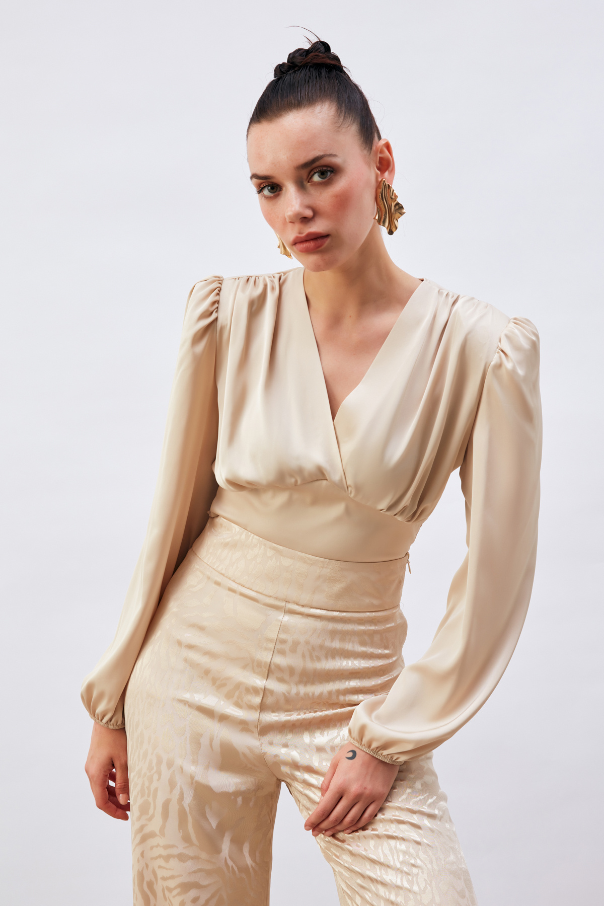 Kruvaze Saten Bluz - BEJ