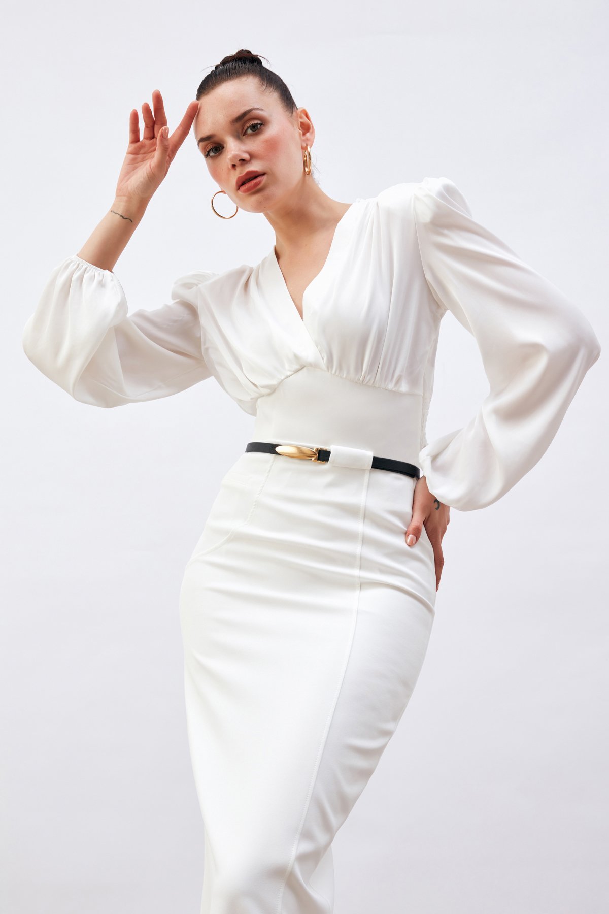 Kruvaze Saten Bluz - EKRU