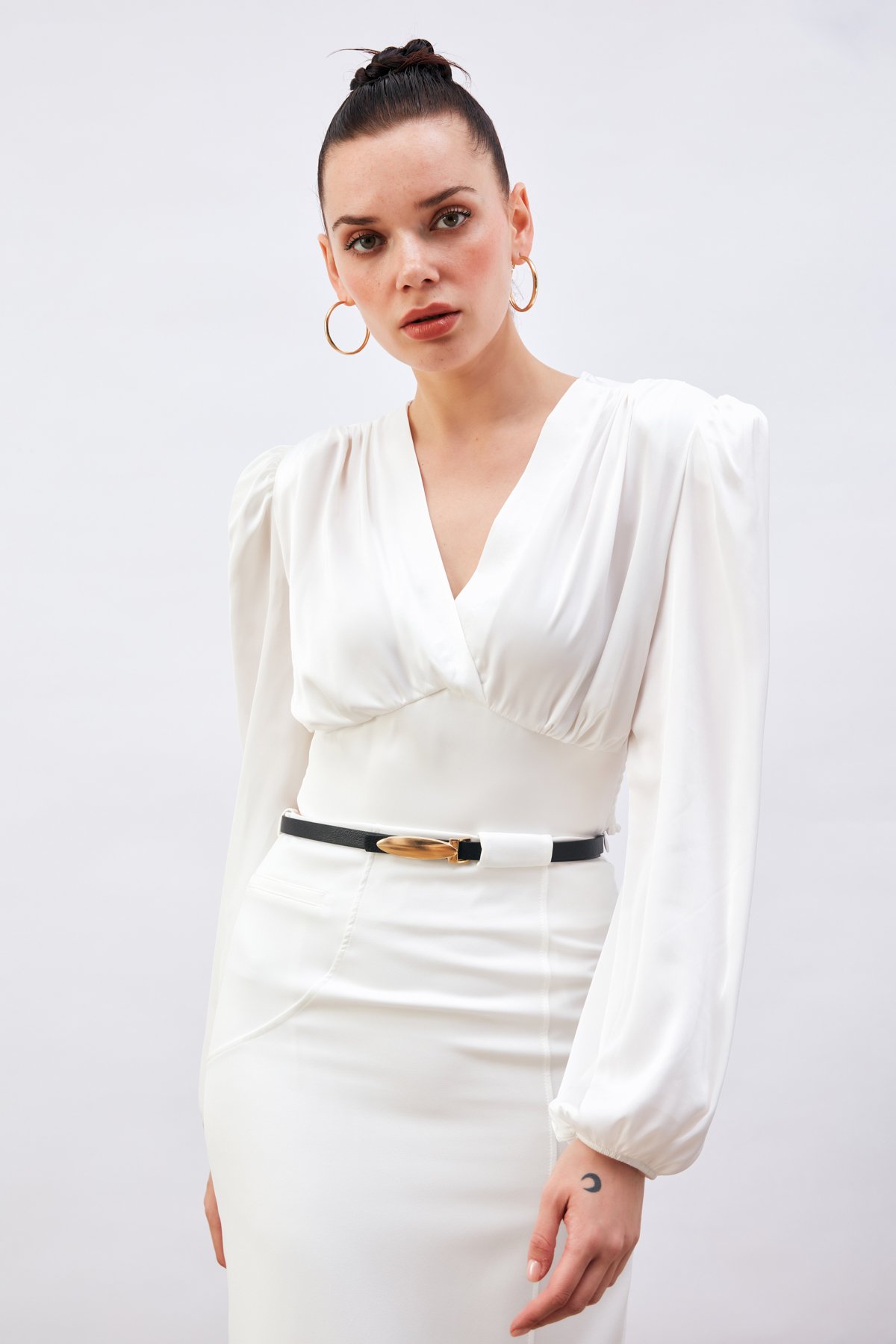 Kruvaze Saten Bluz - EKRU