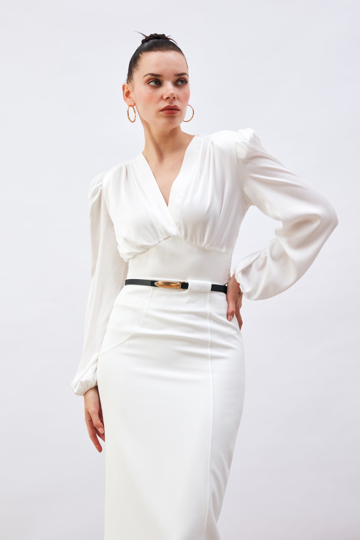 Kruvaze Saten Bluz - EKRU