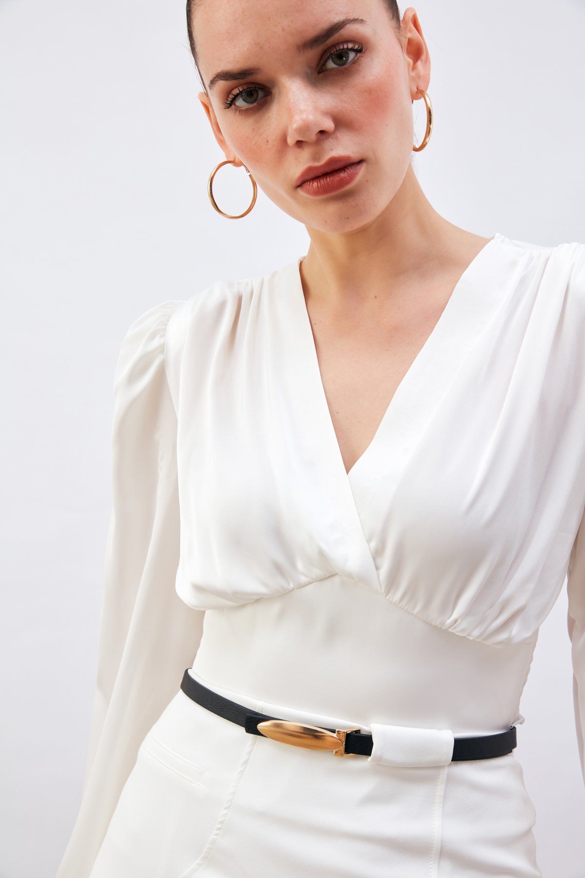 Kruvaze Saten Bluz - EKRU