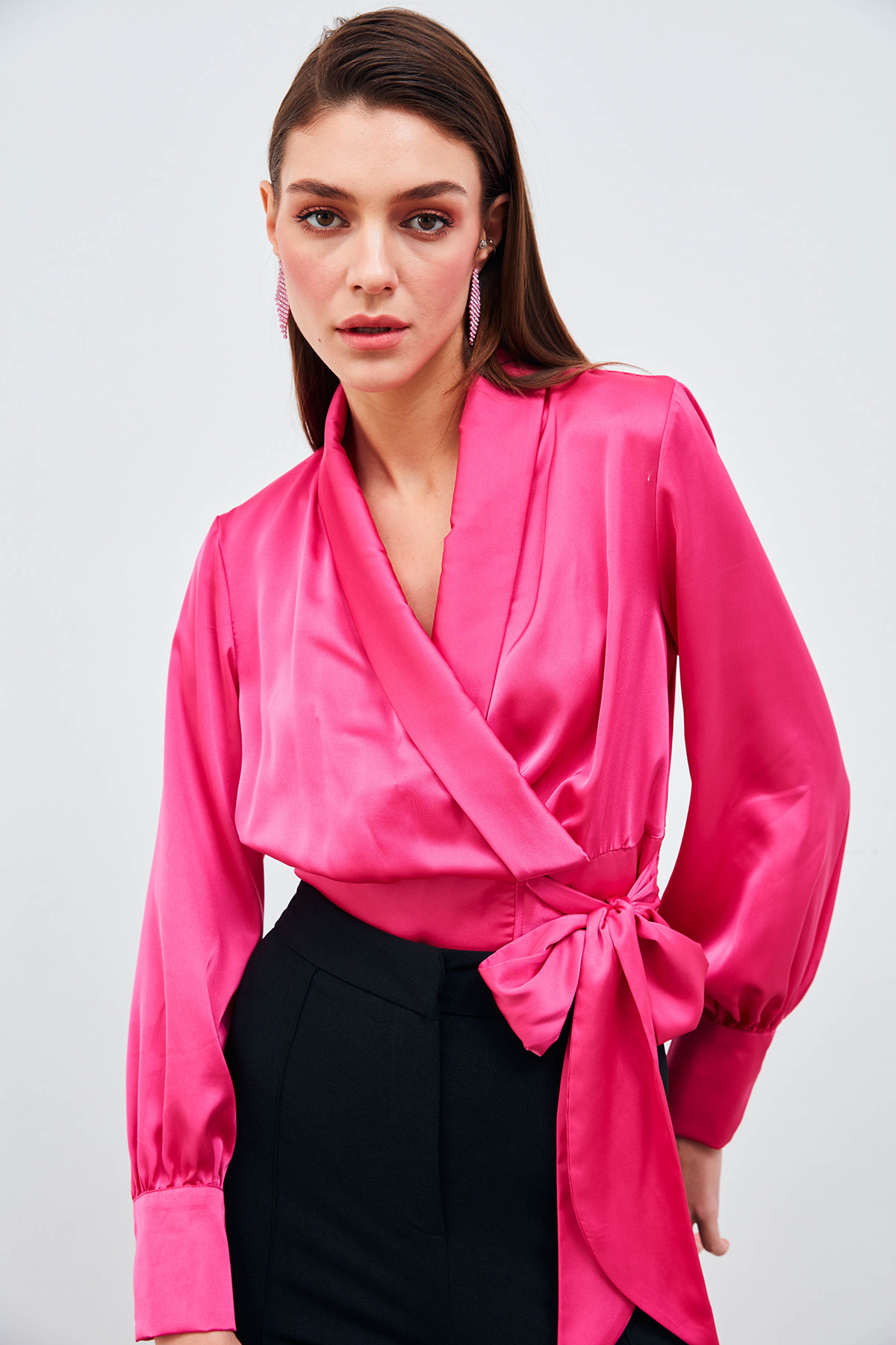 Kruvaze Saten Bluz - FUŞYA