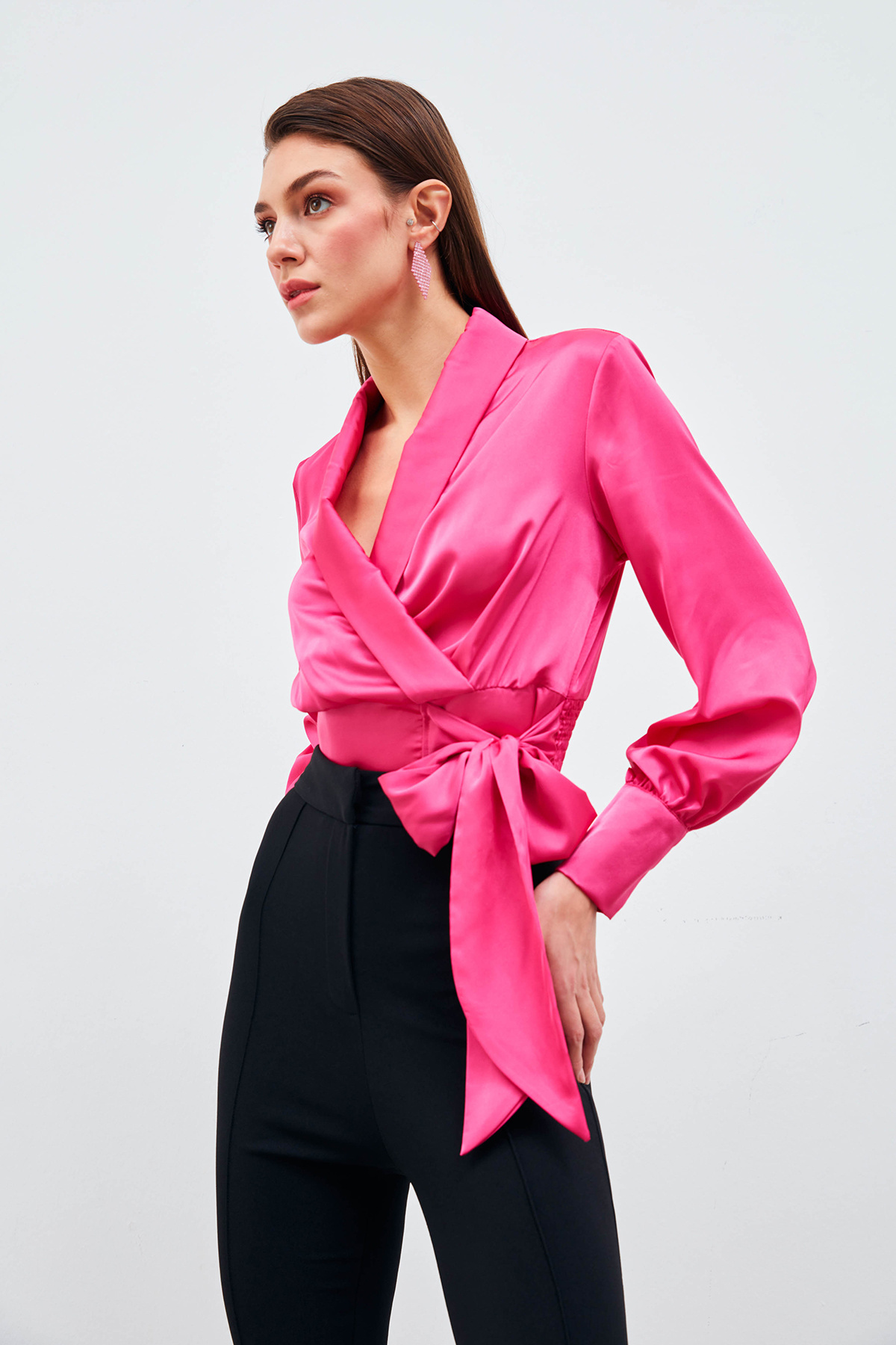 Kruvaze Saten Bluz - FUŞYA