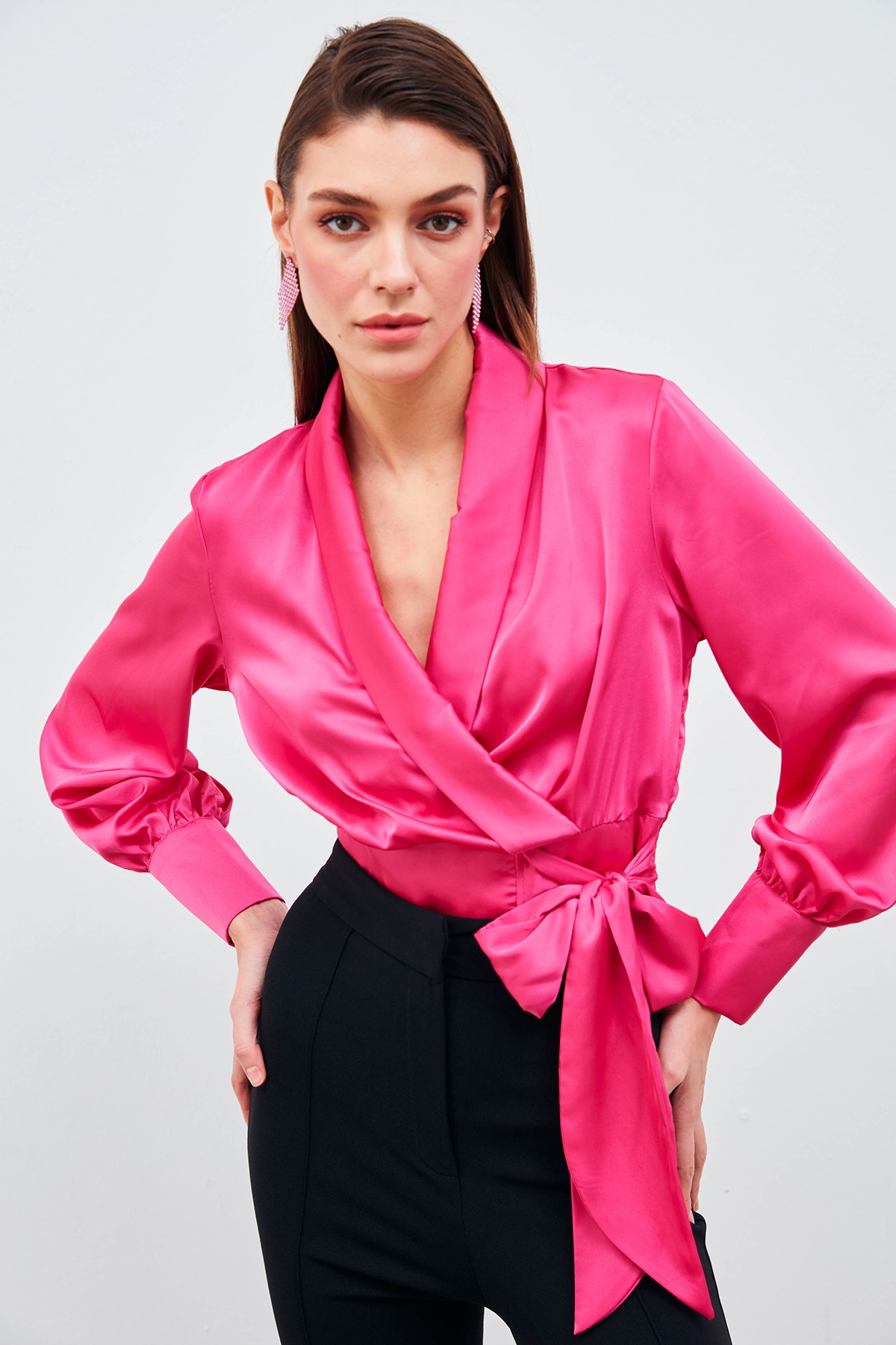 Kruvaze Saten Bluz - FUŞYA