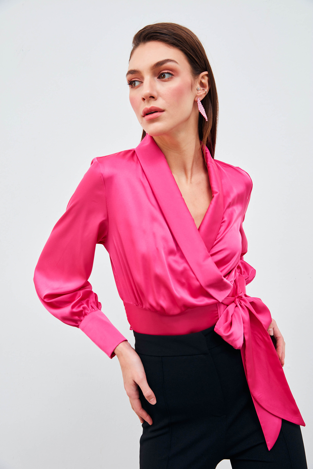 Kruvaze Saten Bluz - FUŞYA
