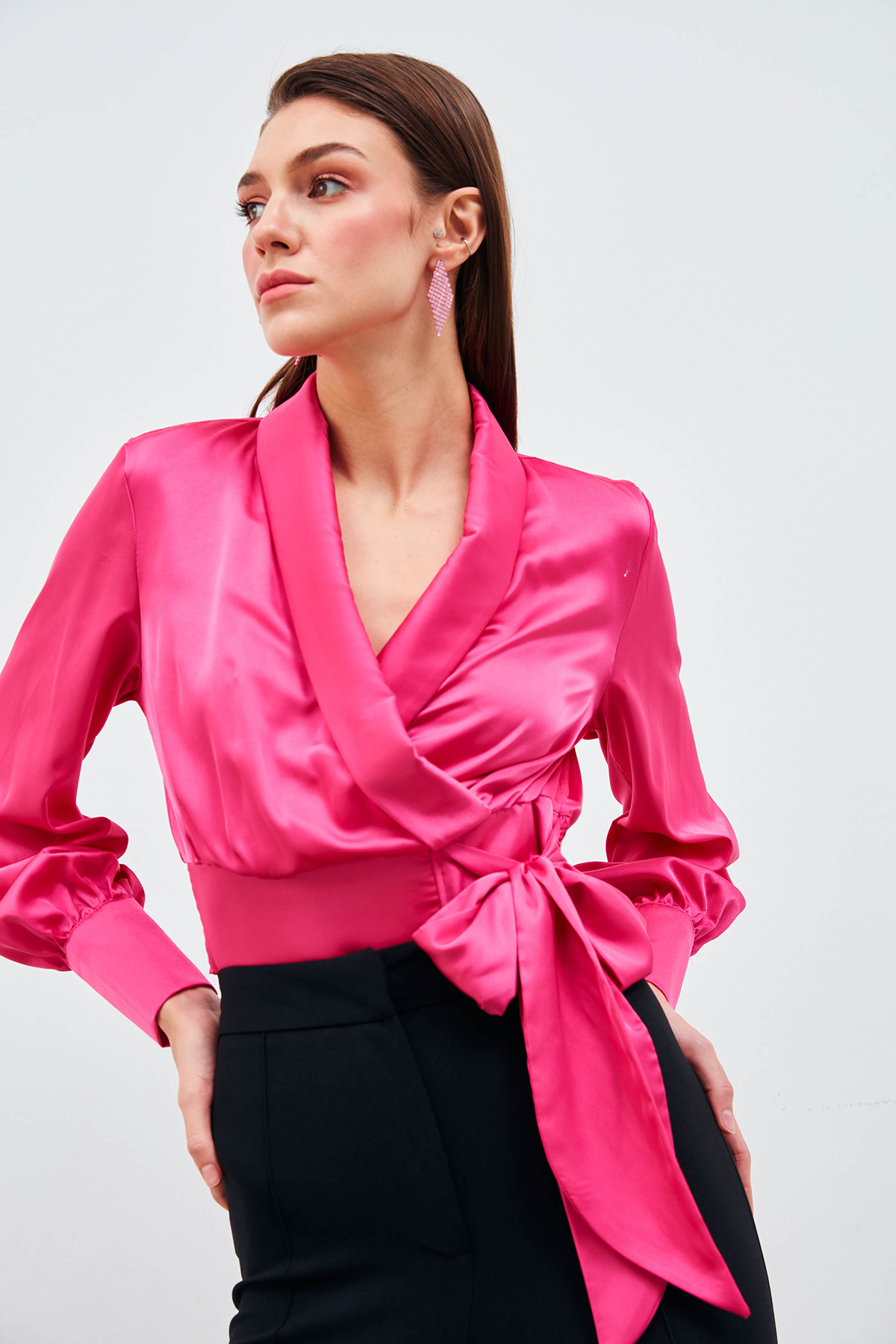 Kruvaze Saten Bluz - FUŞYA