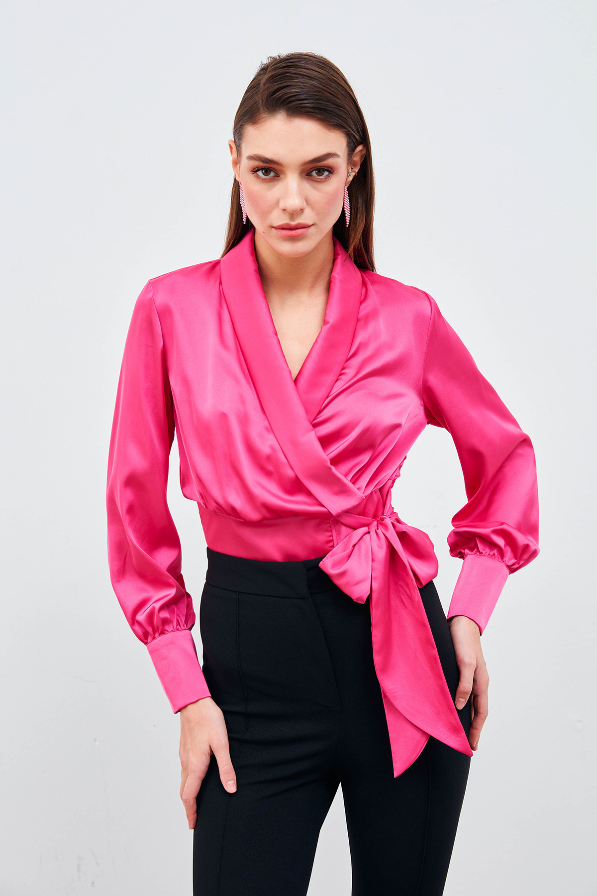 Kruvaze Saten Bluz - FUŞYA
