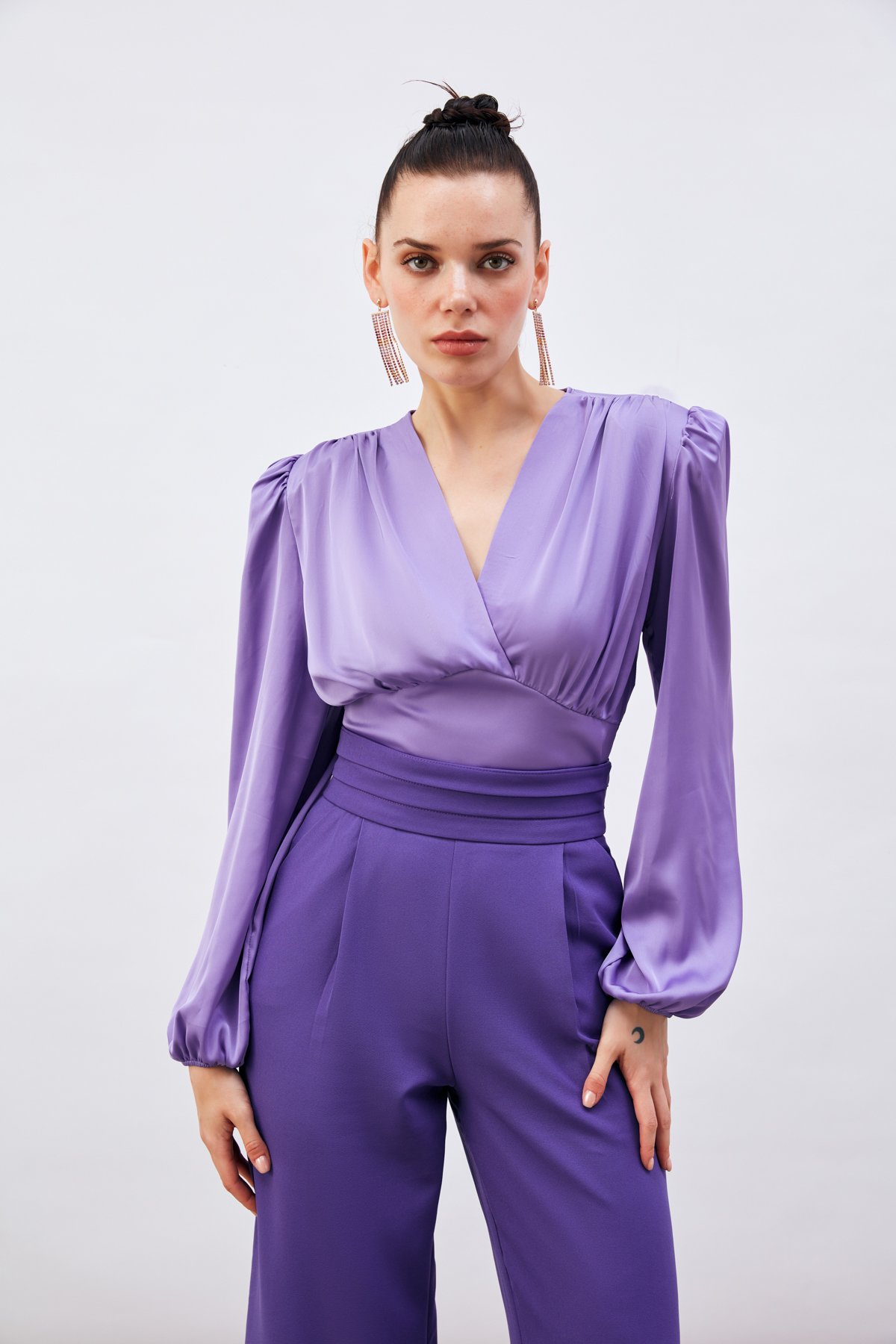 Kruvaze Saten Bluz - LİLA