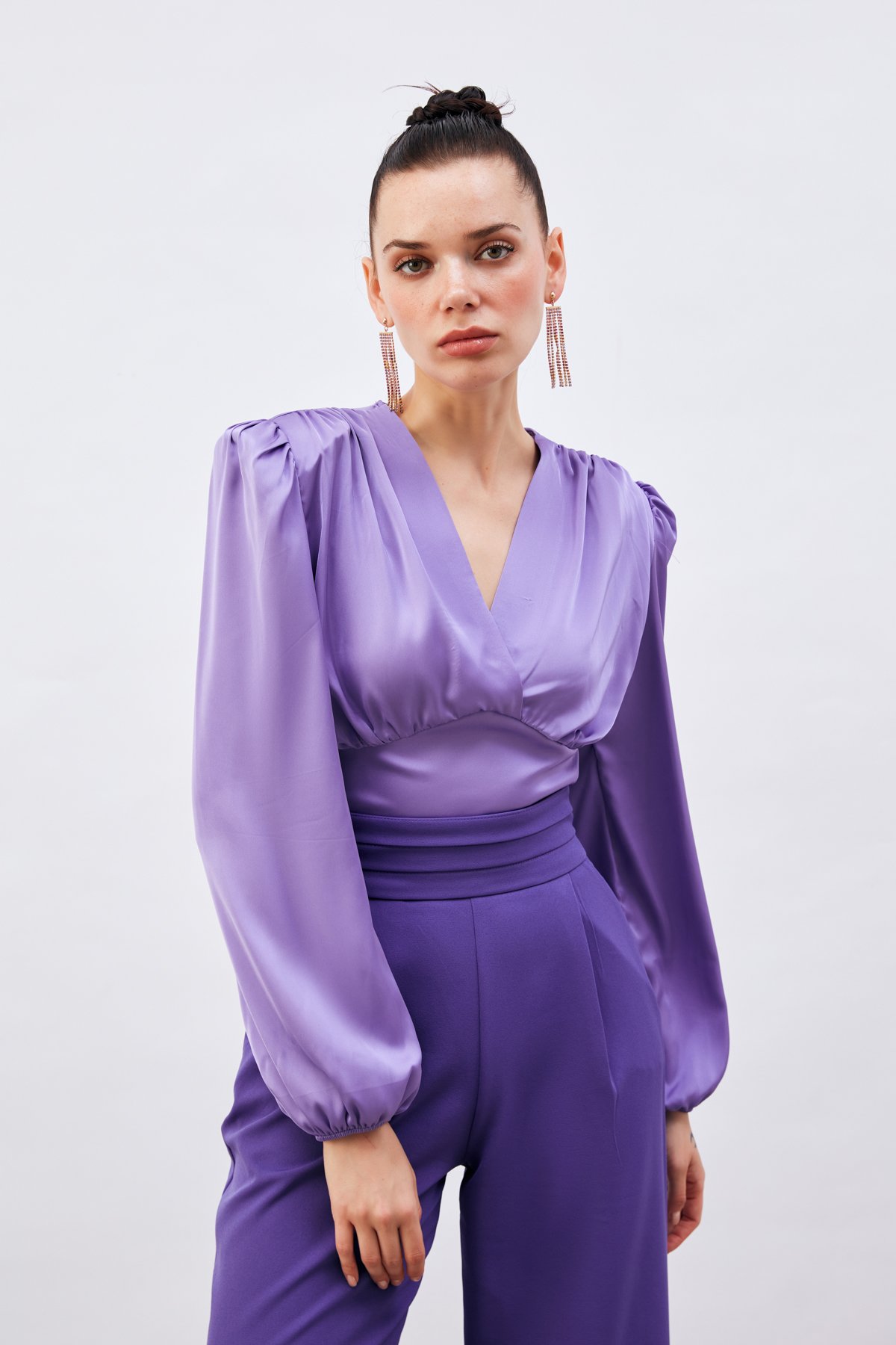 Kruvaze Saten Bluz - LİLA