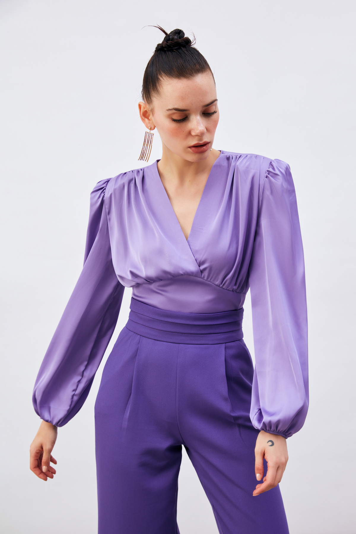 Kruvaze Saten Bluz - LİLA