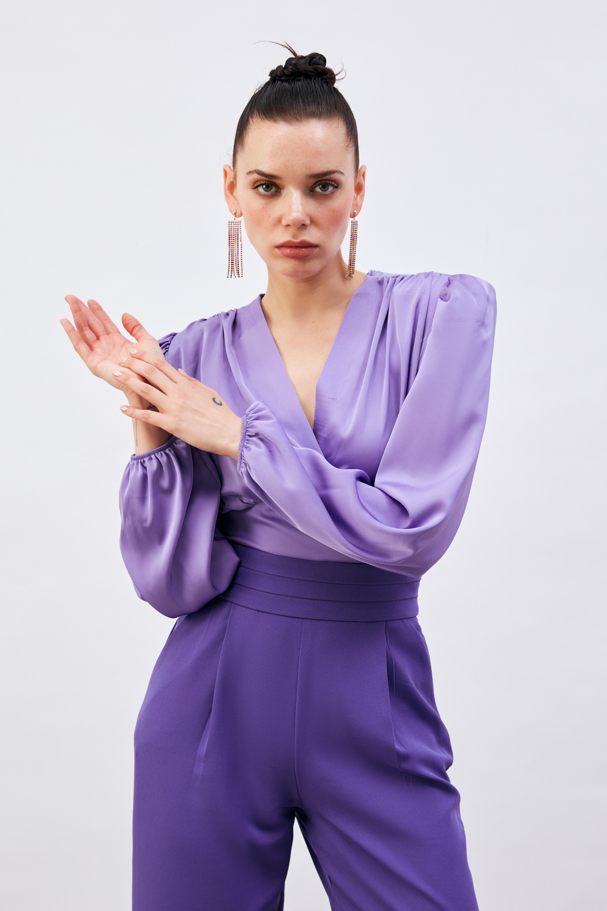 Kruvaze Saten Bluz - LİLA