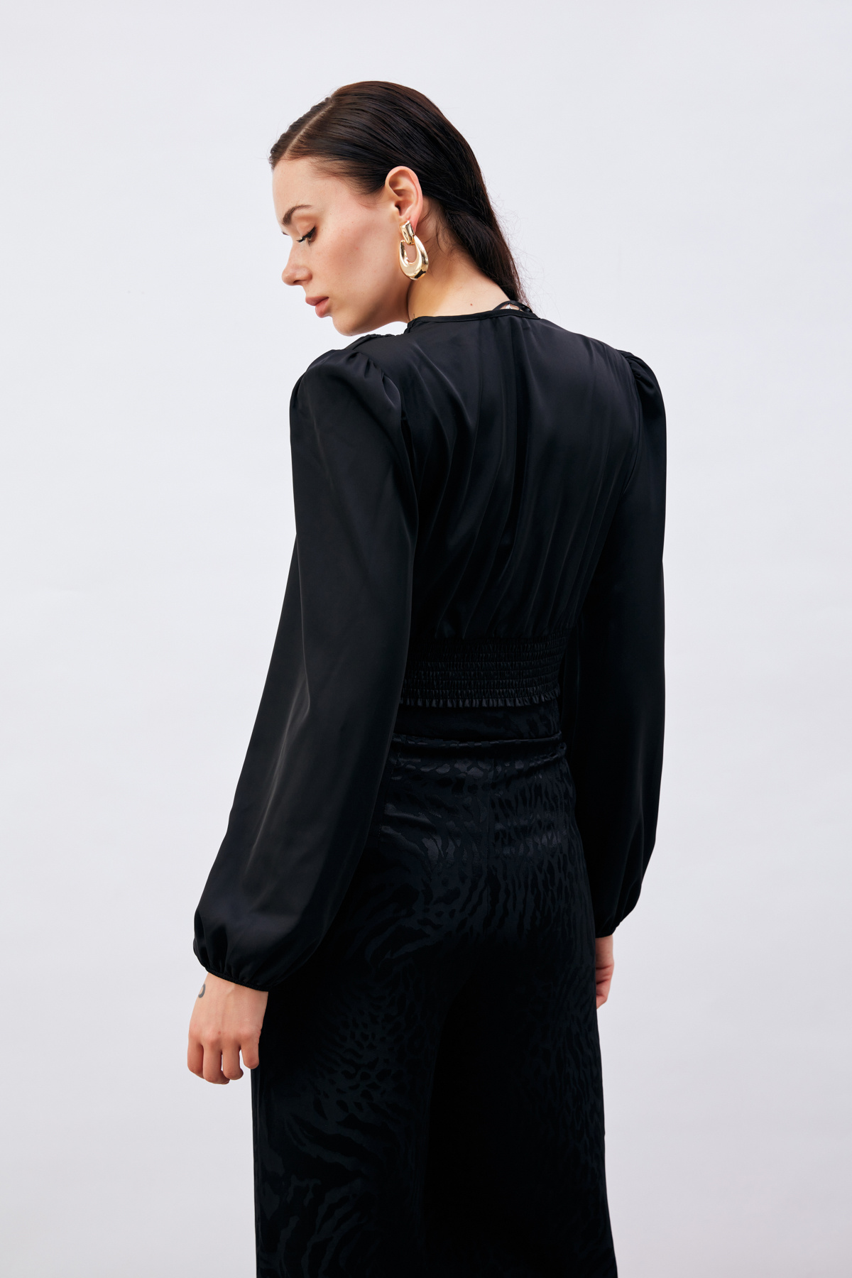 Kruvaze Saten Bluz - SİYAH