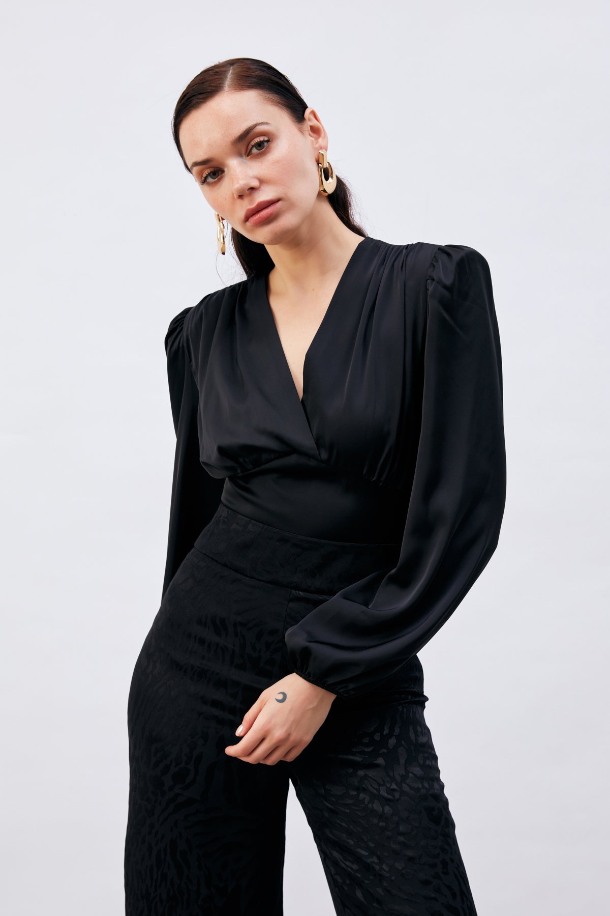 Kruvaze Saten Bluz - SİYAH