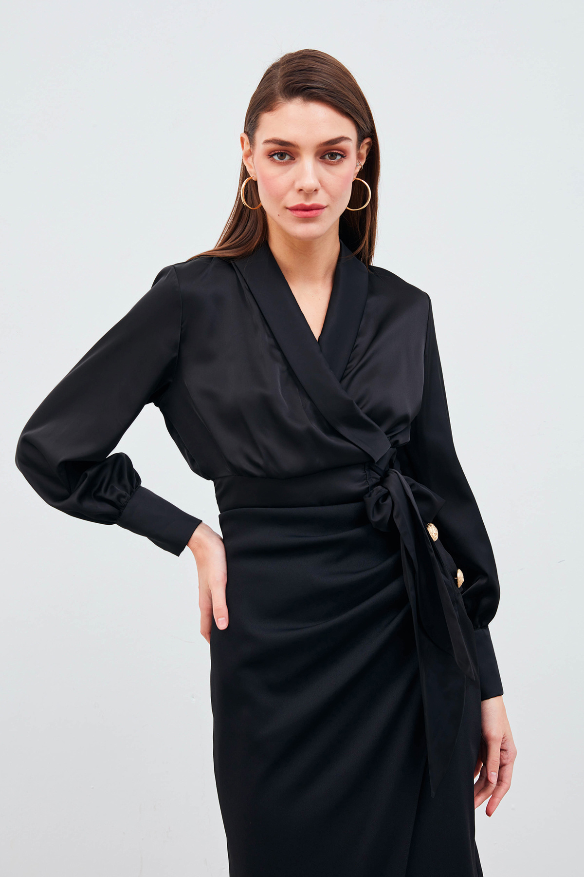 Kruvaze Saten Bluz - SİYAH