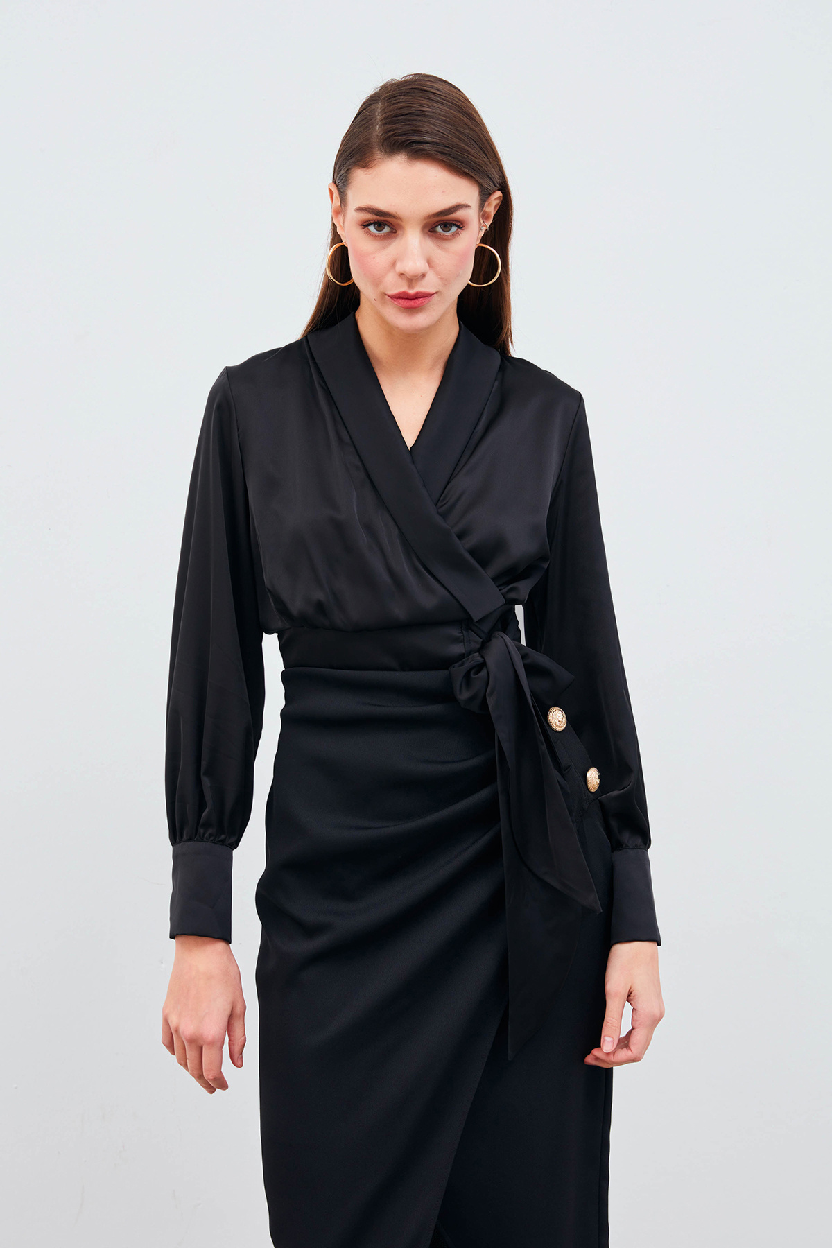 Kruvaze Saten Bluz - SİYAH