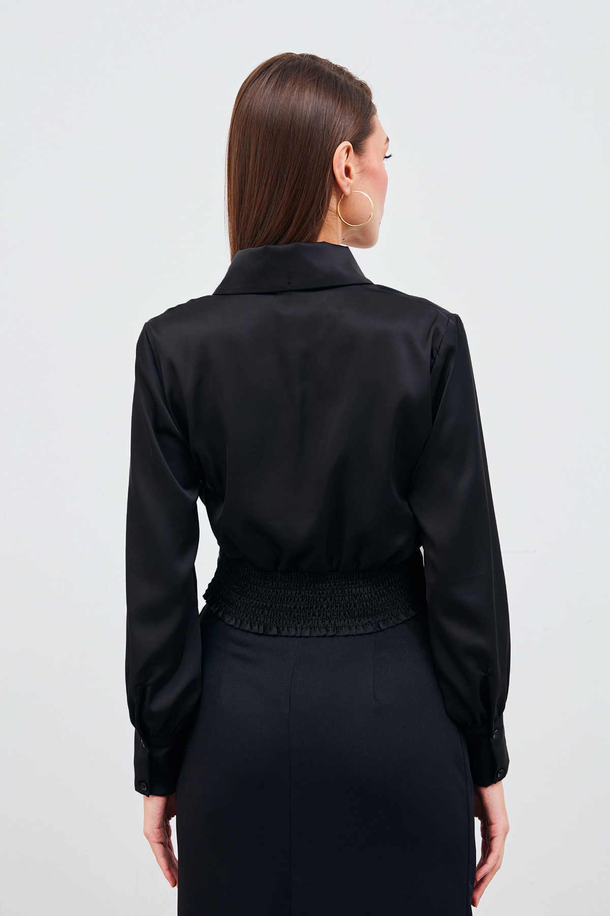 Kruvaze Saten Bluz - SİYAH