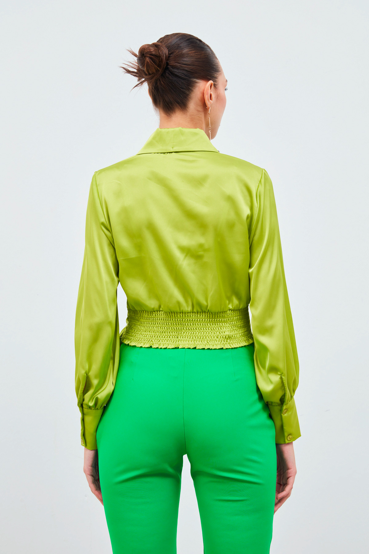 Kruvaze Saten Bluz - YAĞ YEŞİLİ