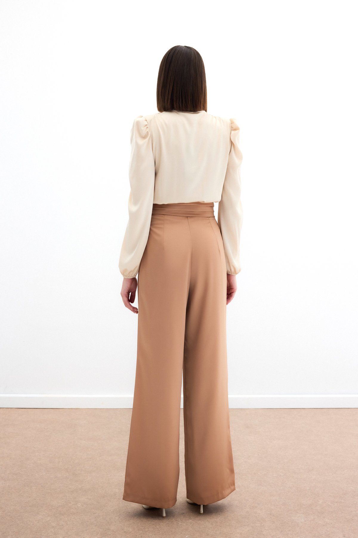 Double Breasted Satin Bodysuit Blouse - Beıge