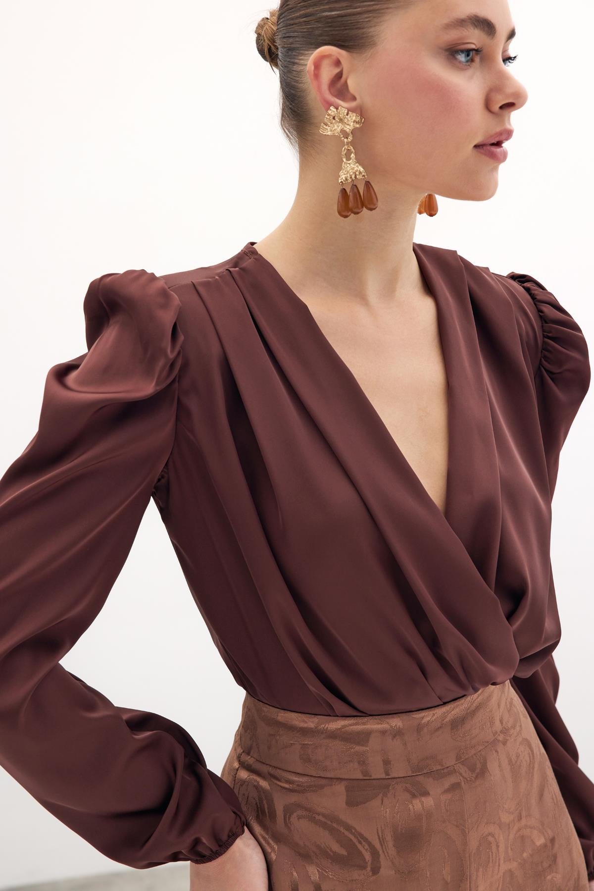 Kruvaze Saten Bodysuit Bluz - Kahve