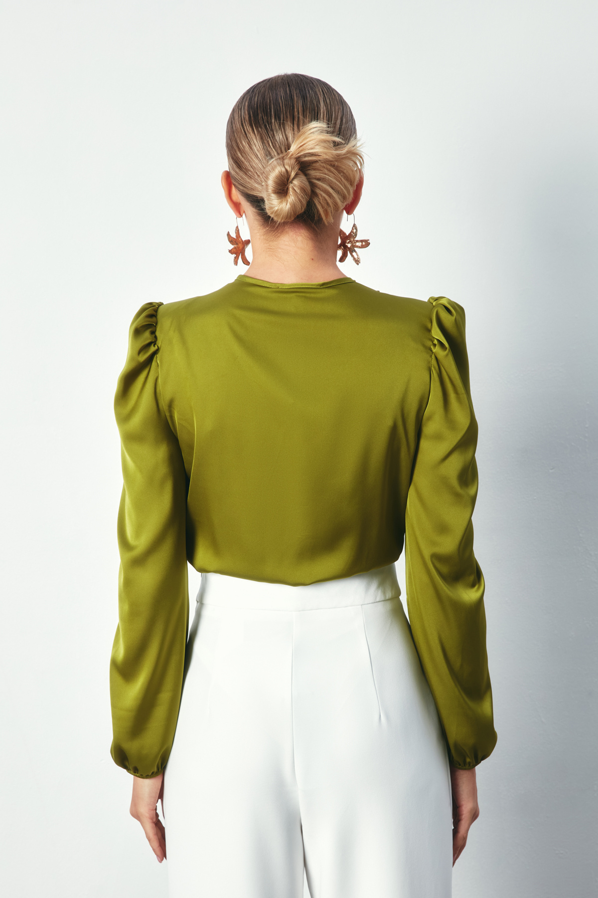 Kruvaze Saten Bodysuit Bluz - OLİVE