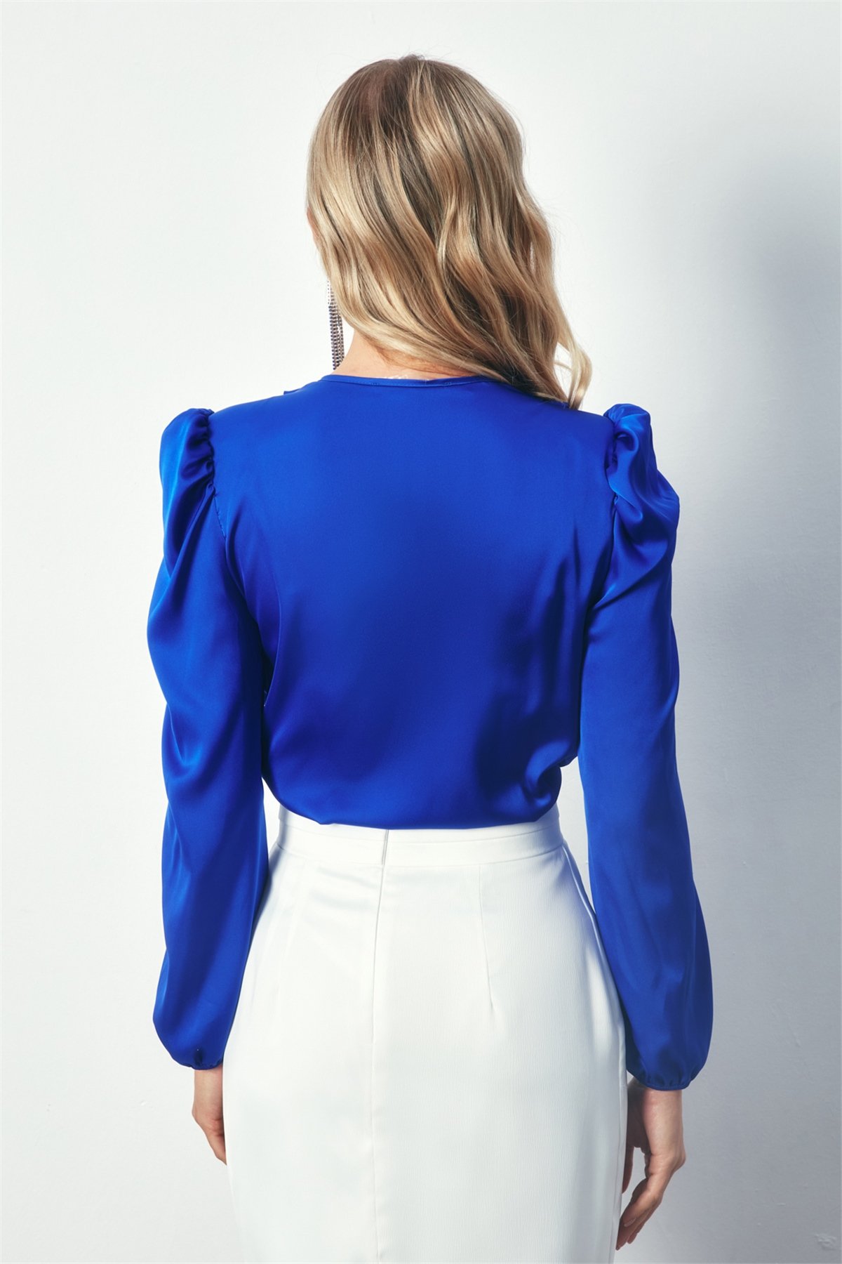 Kruvaze Saten Bodysuit Bluz - SAX MAVİ