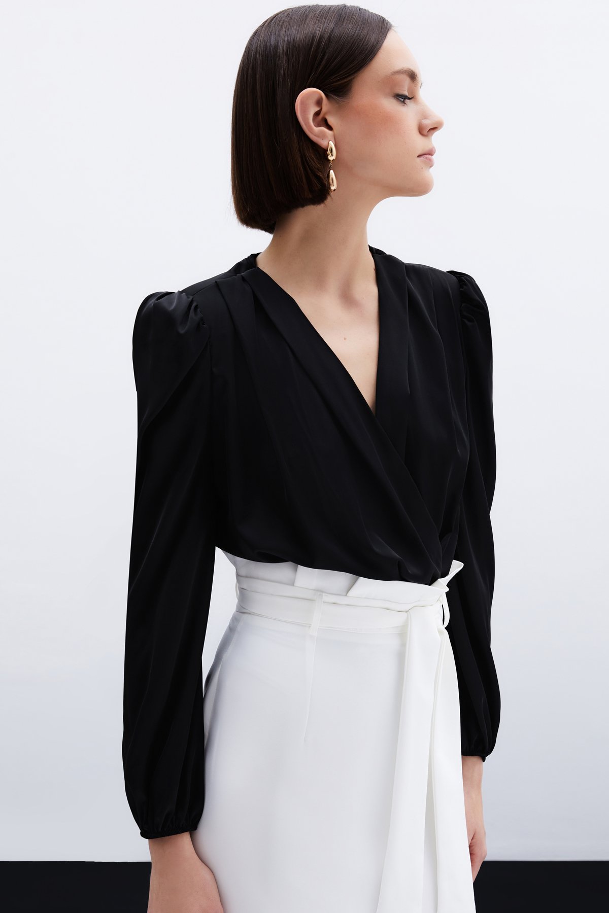 Double Breasted Satin Bodysuit Blouse - Black