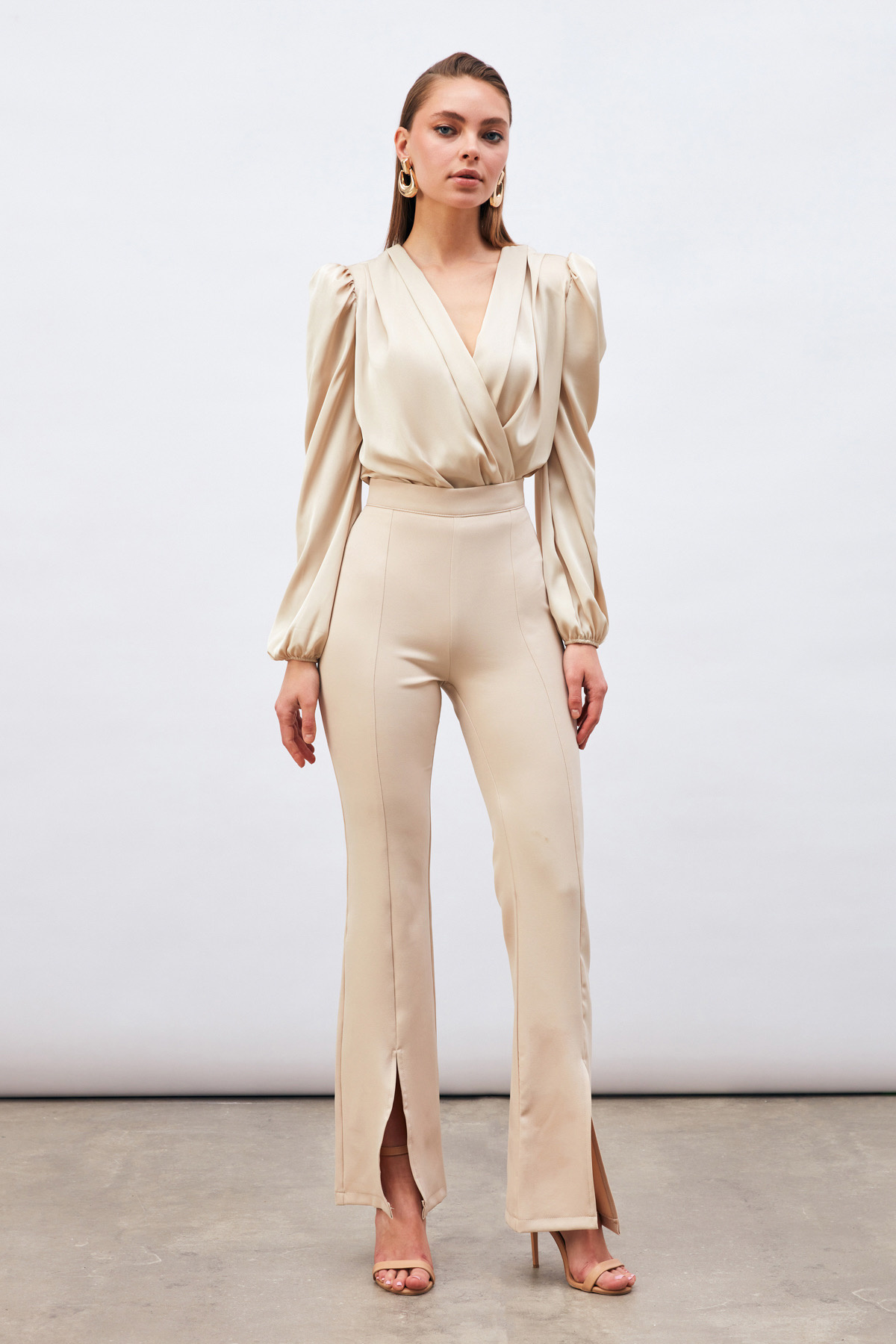 Kruvaze Saten Bodysuit Bluz - TAŞ