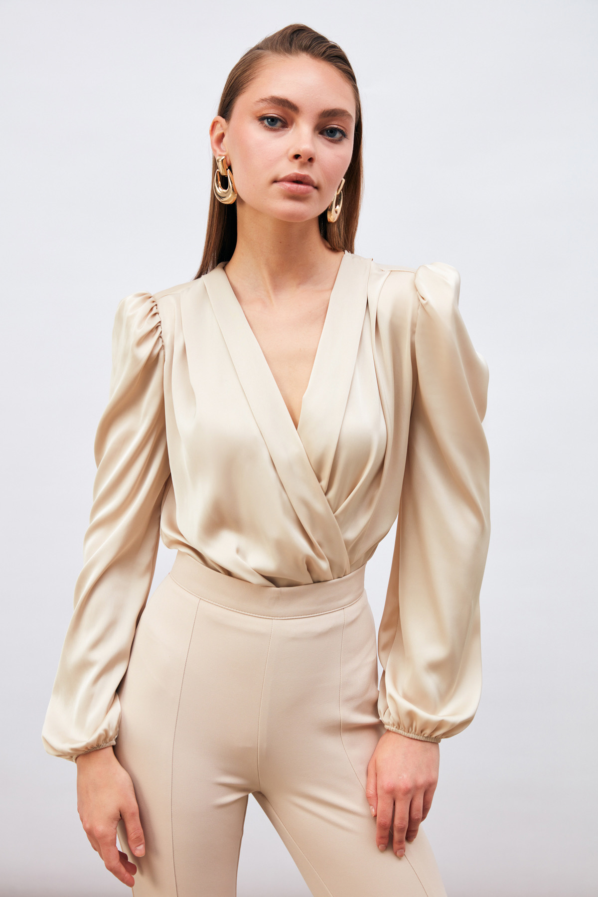 Kruvaze Saten Bodysuit Bluz - TAŞ