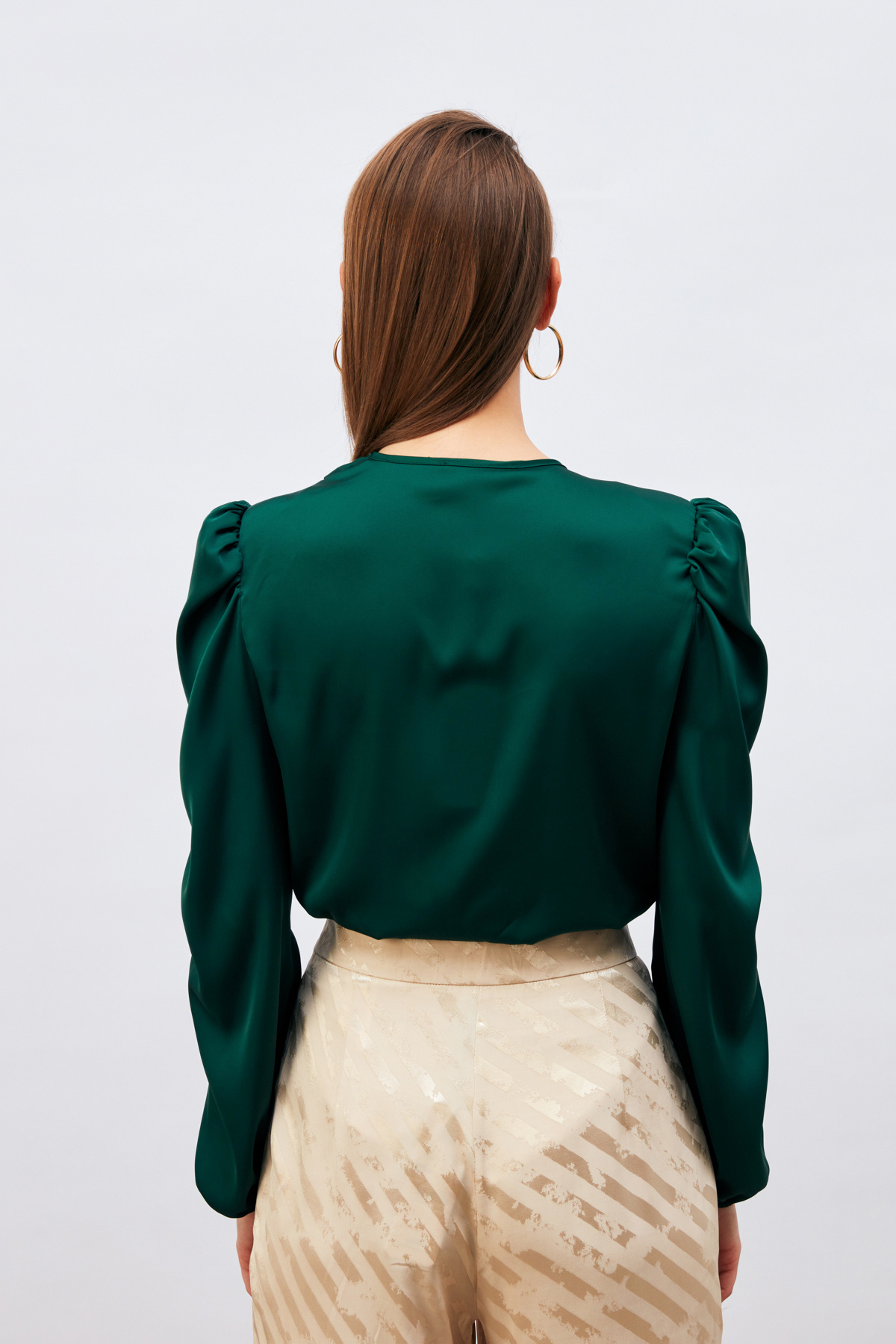 Kruvaze Saten Bodysuit Bluz - ZÜMRÜT