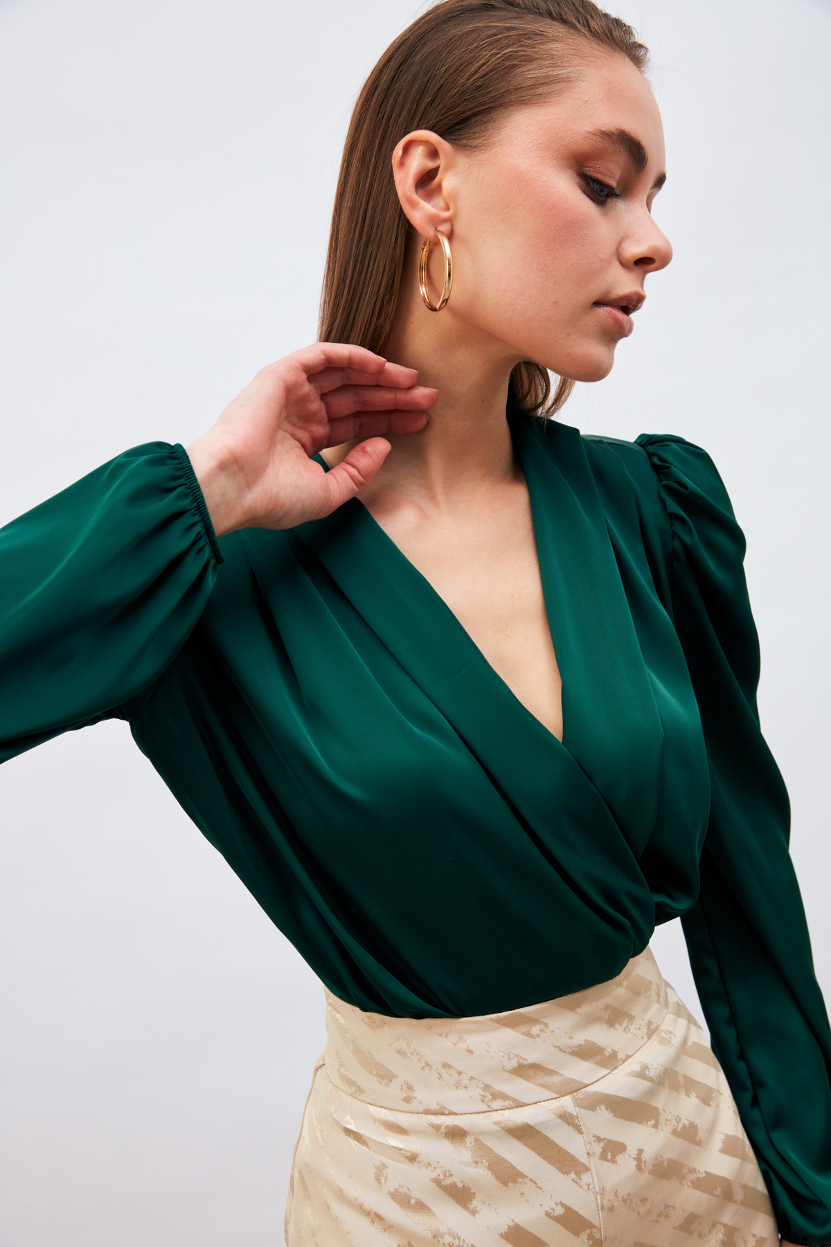 Kruvaze Saten Bodysuit Bluz - ZÜMRÜT