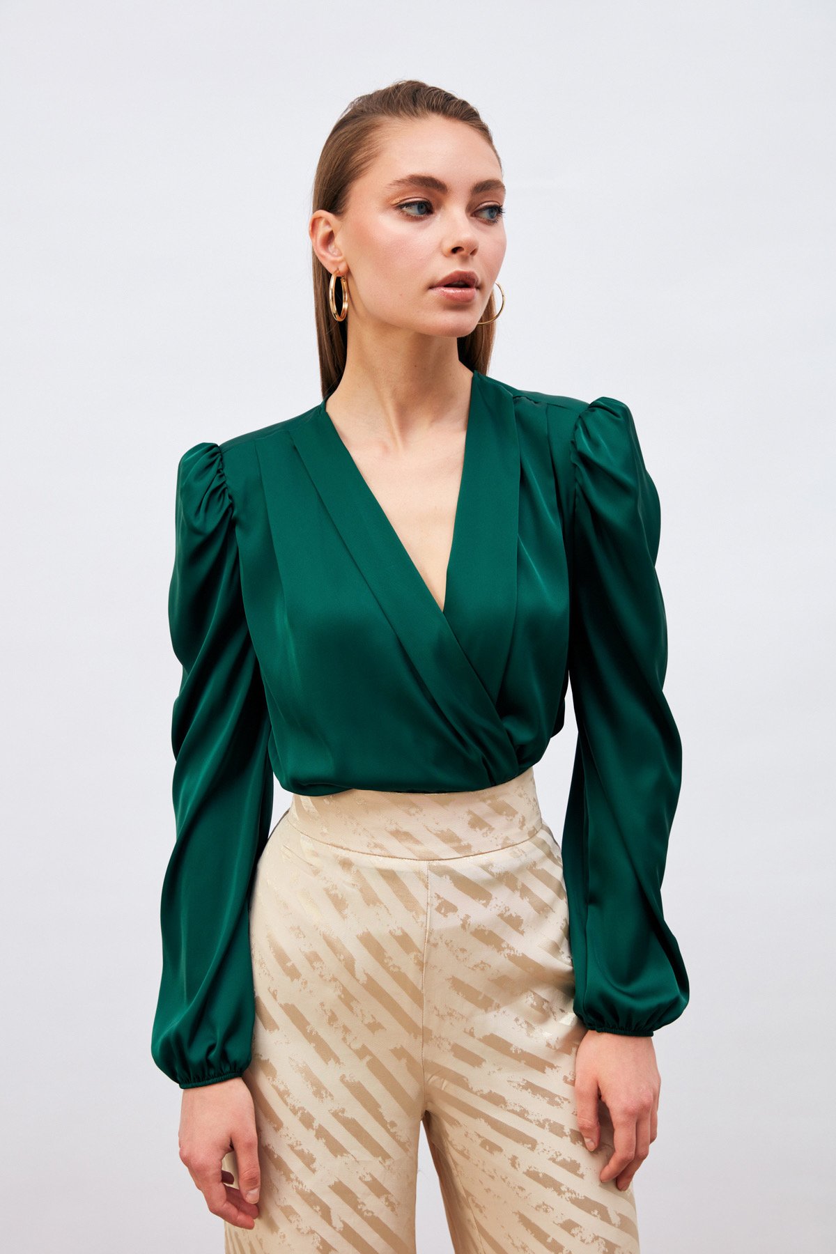 Kruvaze Saten Bodysuit Bluz - ZÜMRÜT