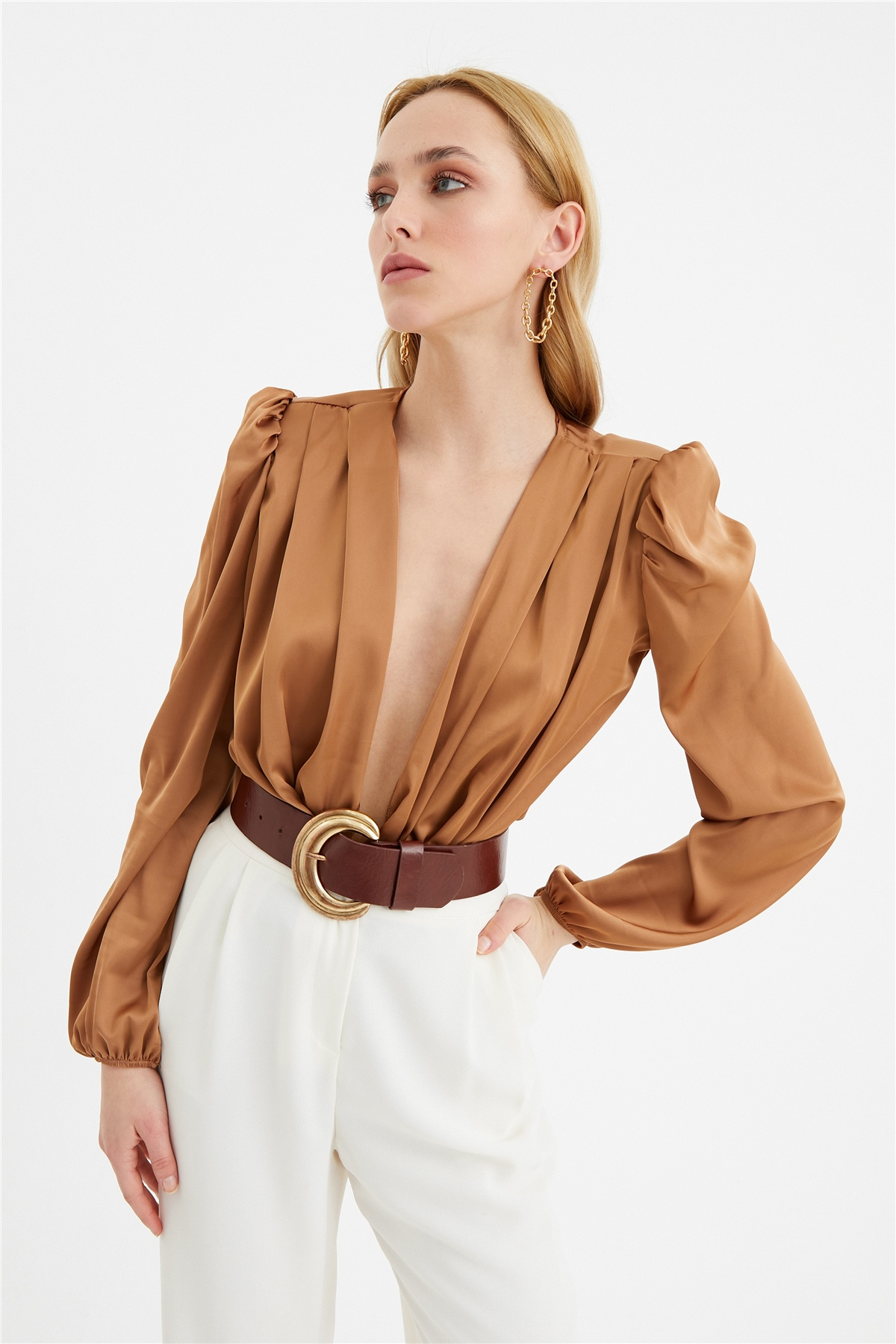 Kruvaze saten bodysuit - CAMEL