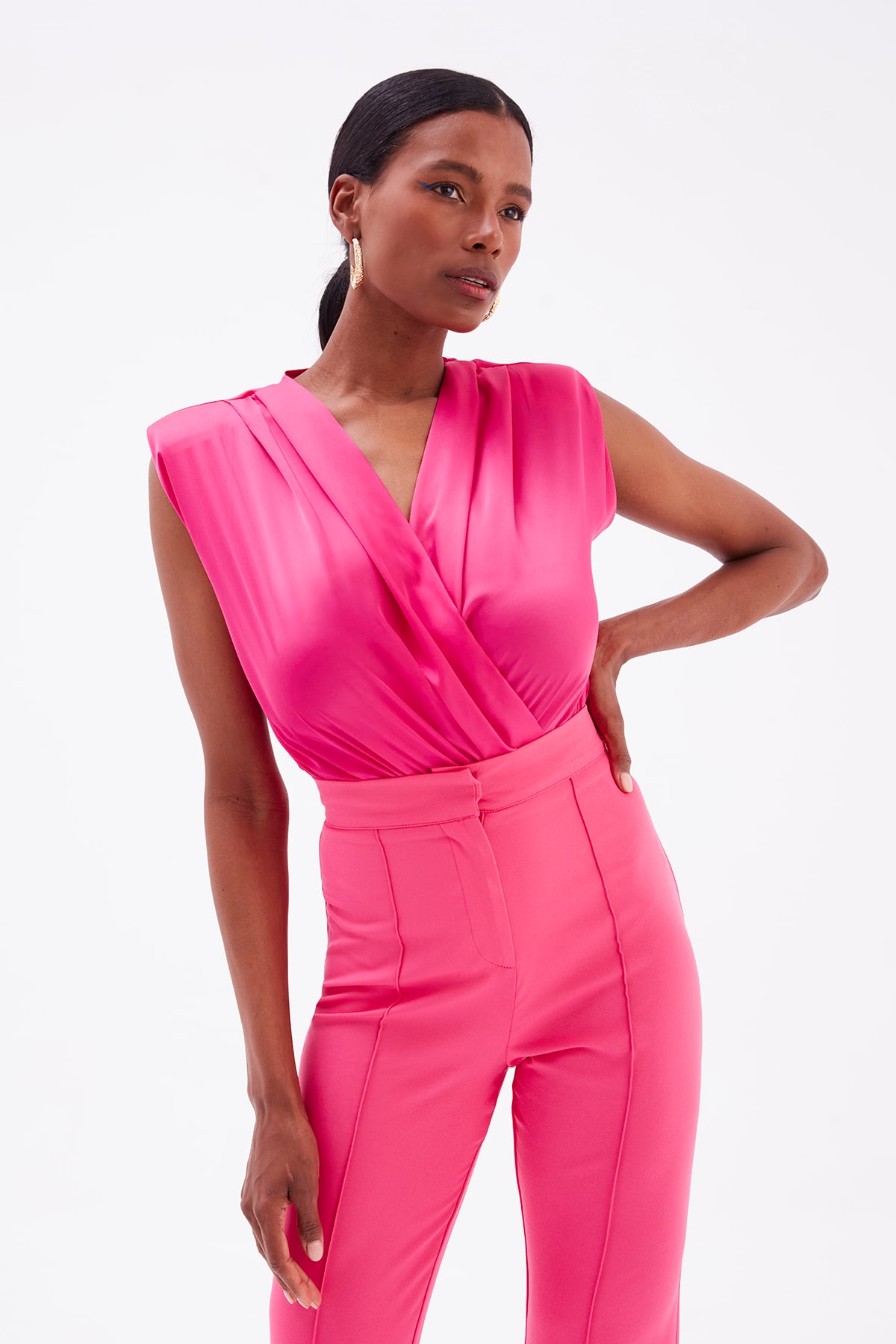 Double Breasted Satin Bodysuit - FuchsIa