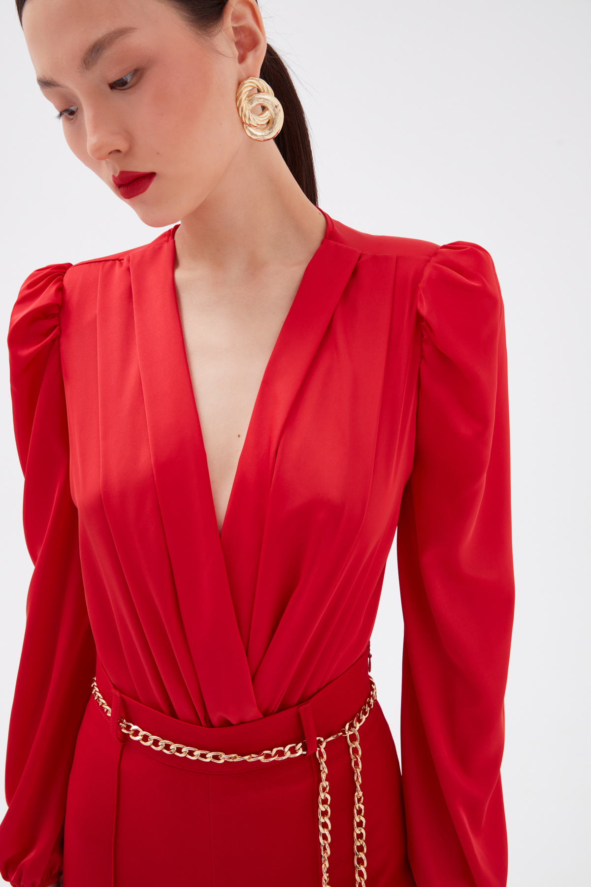 Kruvaze saten bodysuit - KIRMIZI