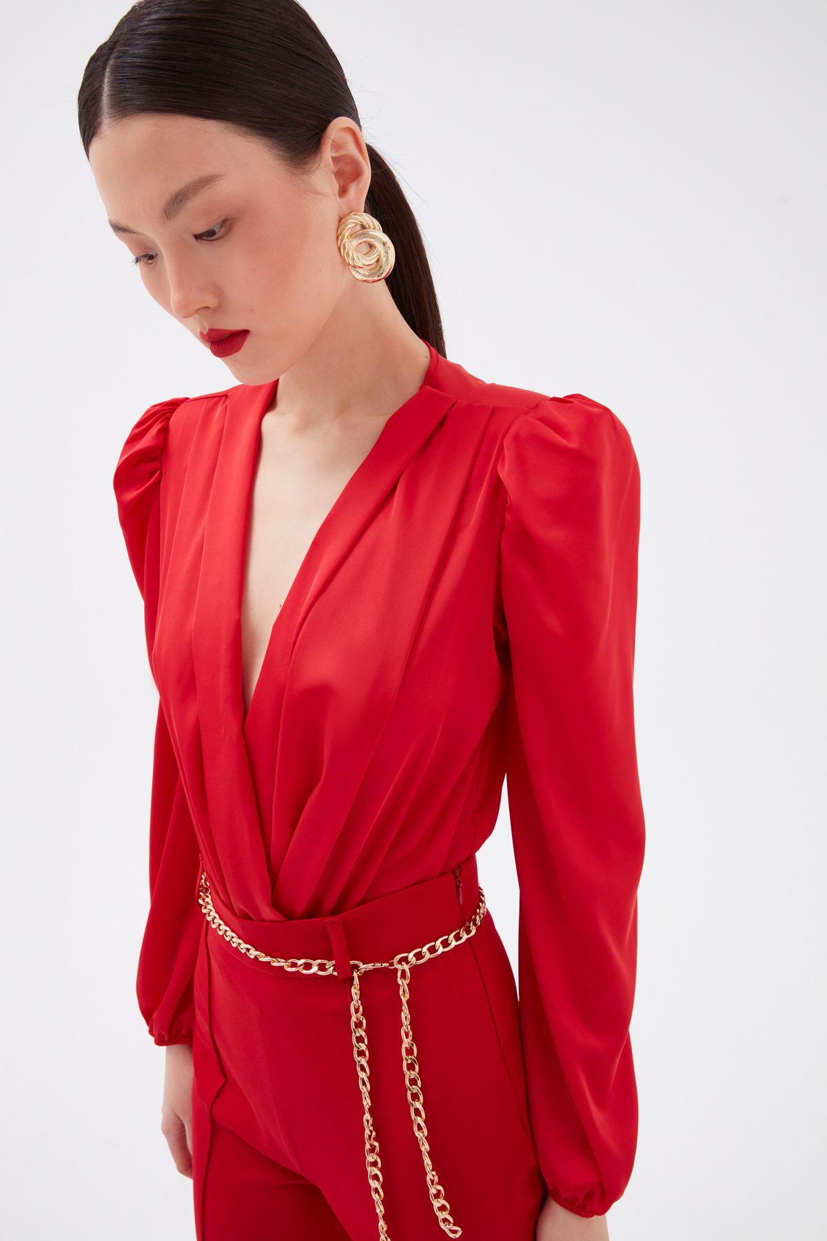 Kruvaze saten bodysuit - KIRMIZI