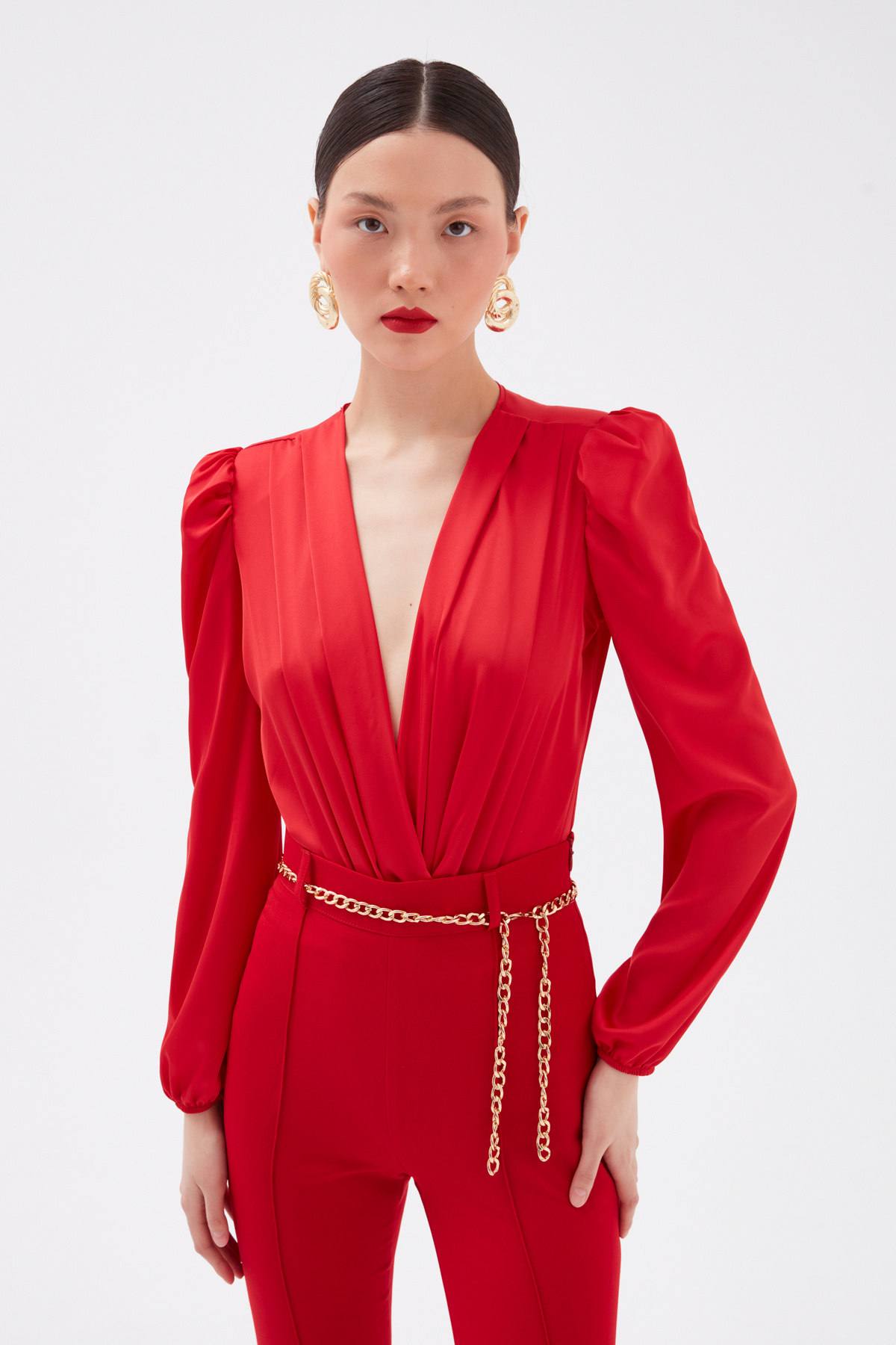 Kruvaze saten bodysuit - KIRMIZI