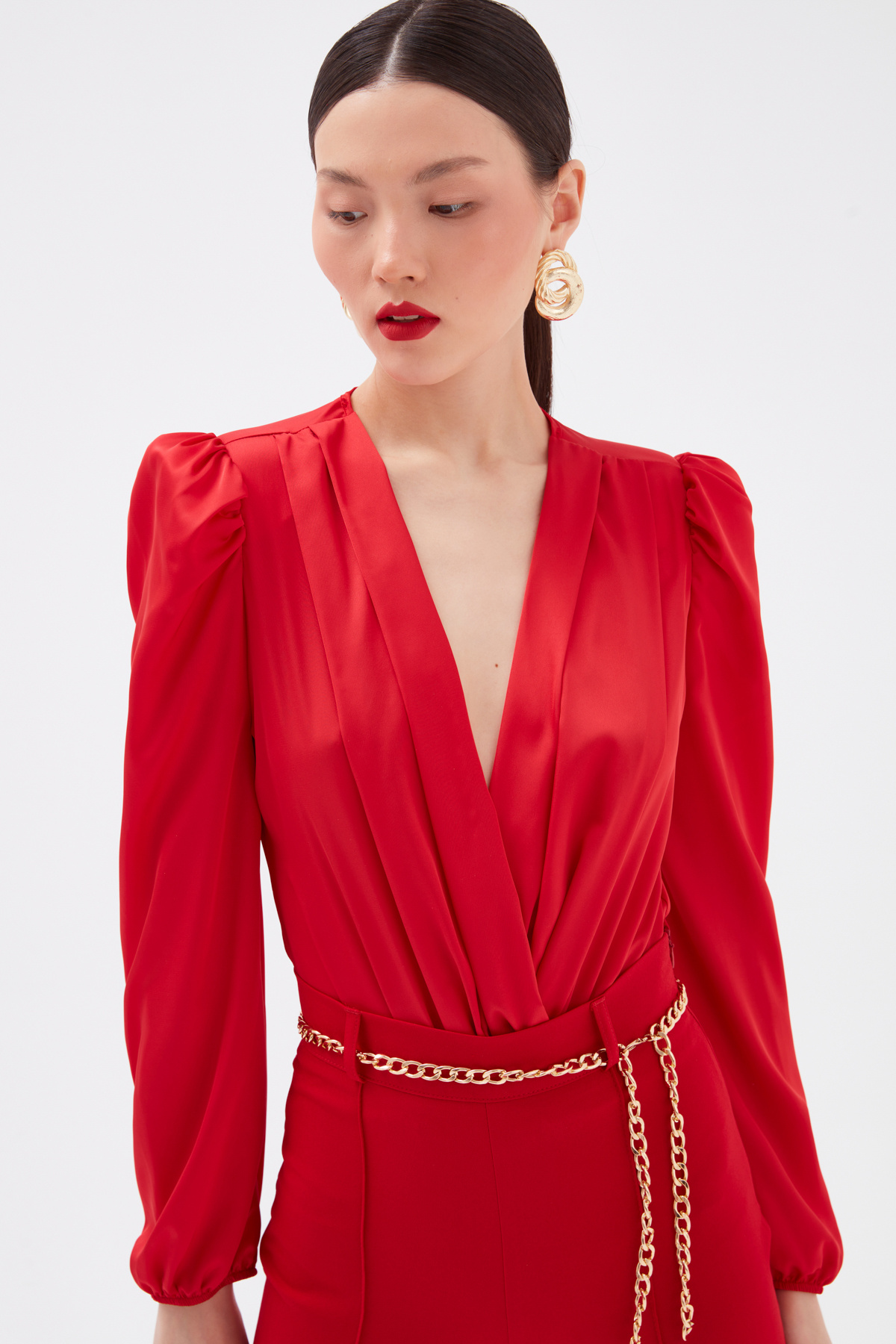 Kruvaze saten bodysuit - KIRMIZI