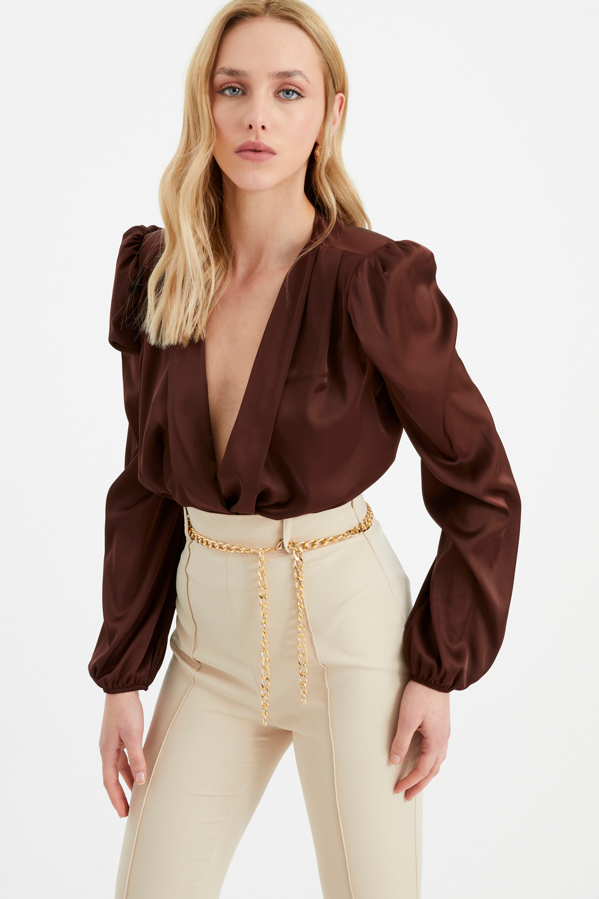 Kruvaze saten bodysuit - KOYU KAHVE
